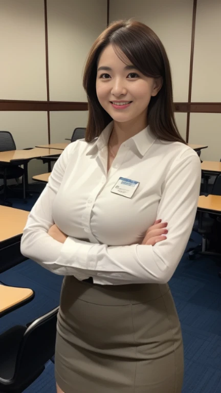 ((highest quality, 8K, masterpiece, portrait: 1.3)), (looking at the viewer), (full shot:0.85), attractive business mature woman, 1 person, a little chubby:0.4,brown medium hair、 white collared shirt, gray tight skirt,((big breasts 1.6)) (big pelvis:0.9), ((Are standing)), smile:0.2, conference room、,good posture、カーテンを閉め切ったconference room、a little dark room、