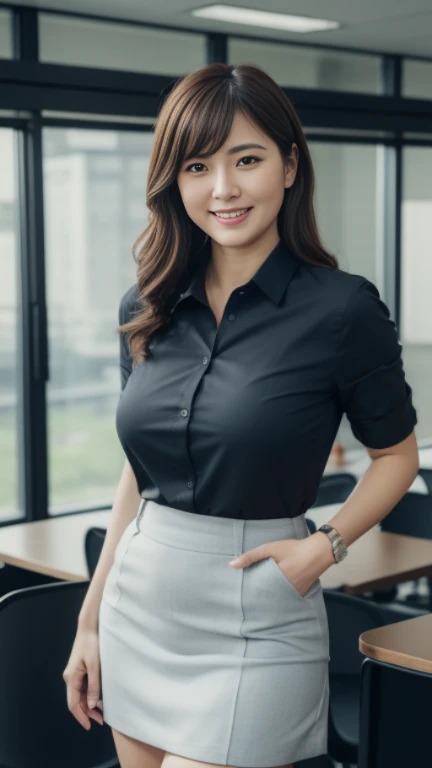 ((highest quality, 8K, masterpiece, portrait: 1.3)), (looking at the viewer), (full shot:0.85), attractive business mature woman, 1 person, a little chubby:0.4,brown medium hair、 white collared shirt, gray tight skirt,((big breasts 1.6)) (big pelvis:0.9), ((Are standing)), smile:0.2, conference room、,good posture、カーテンを閉め切ったconference room、a little dark room、