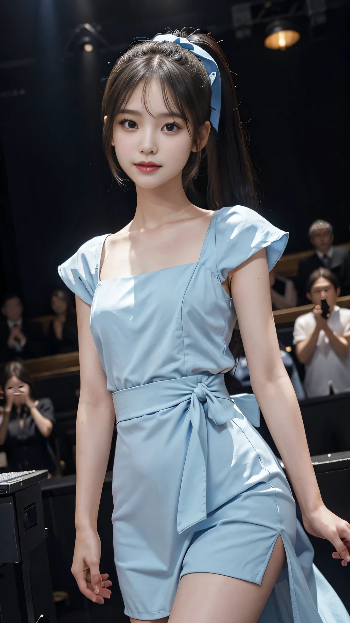 not showing one's feet,standing on stage singing,Blue colored long dress with lots of ruffles,One woman,masutepiece, The highest image quality, High quality, the background is clear,Beautiful woman, Japanese, Detailed, Detailed eyes, Detailed skin, Beautiful skin, 超hight resolution, (reality: 1.4),Very beautiful woman, Slightly younger face, Beautiful skin, slender, (Ultra photo realsisim), (hight resolution), (8K), (Very detailed) (beautifully detailed eyes), (super detailed), (Detailed face), view the viewer, Fine details, Detailed face, Staring straight ahead, Staring straight ahead, photos realistic, Bright lighting, Professional Lighting, Black hair,poneyTail,a baby face,fifteen years old,Hairstyle is ponytail,long ponytail hairstyle,slight smile,neat and tidy clothing,Beautiful Japanese KPOP idol photo, hair style is ponytail, my eyes are double and wide, baby face, smile and look straight ahead, slender, small breasts,close up face,Blue ribbon on head,