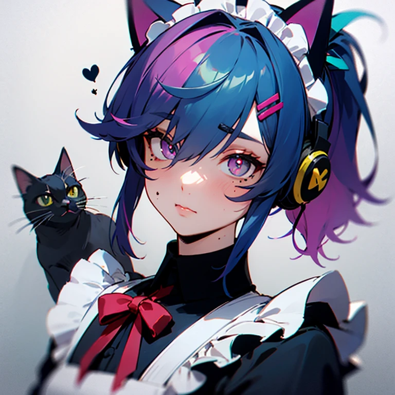 rainbow hair, ponytail, hair clip, hair ribbon, hair ribbon, maid headdress, goggles, mole under eye, heart-shaped pupil, cat ear headphones, boredom
