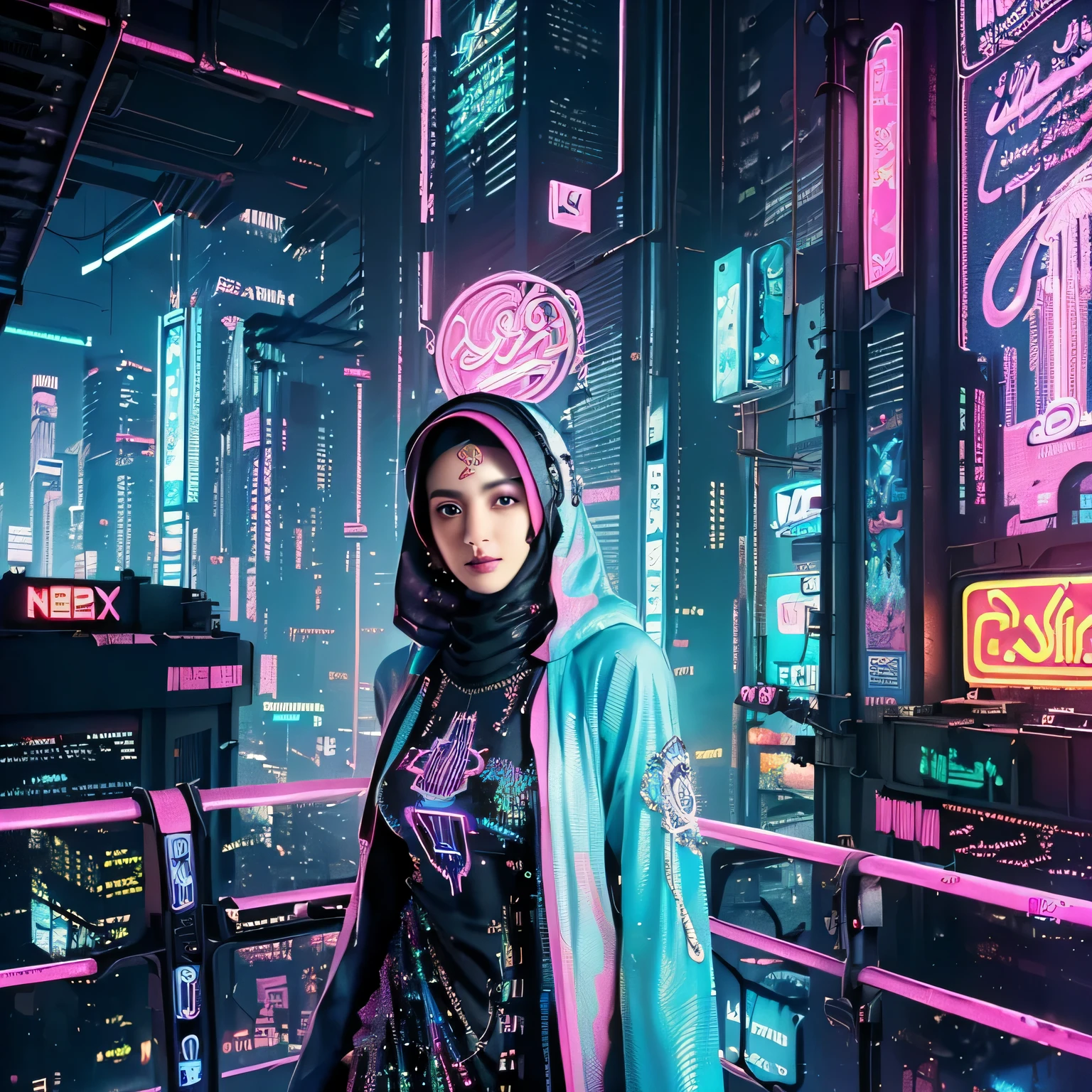 hijabi, (masterpiece, top quality, best quality, official art, beautiful and aesthetic:1.2), (1girl:1.3), extremely detailed,(fractal art:1.2),colorful,highest detailed,( zentangle neon:1.2), (dynamic pose), (cyberpunk realistic city background neon:1.5), (traditional dress:1.2), (shiny skin), (many colors:1.4), upper body ,Neon,16K,Full HD,