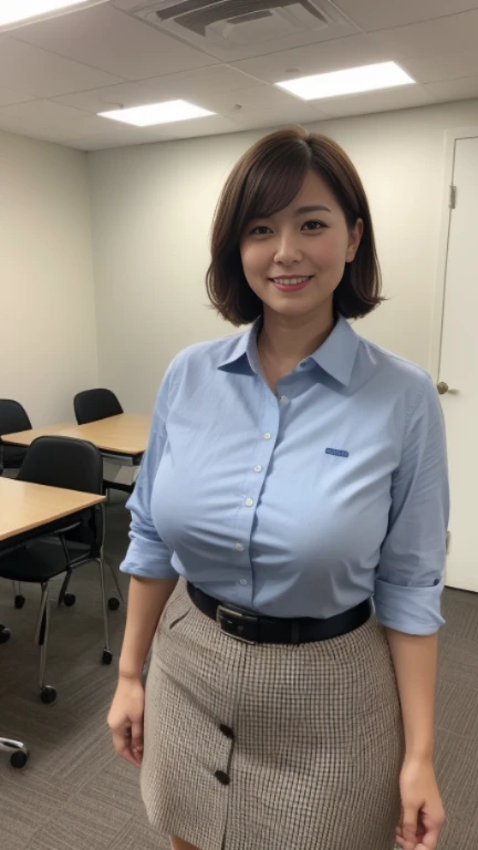 ((highest quality, 8K, masterpiece, portrait: 1.3)), (looking at the viewer), (full shot:0.85), attractive business mature woman, 1 person, a little chubby:0.4,brown medium hair、 white collared shirt, gray tight skirt,((big breasts 1.6)) (big pelvis:0.9), ((Are standing)), smile:0.2, conference room、,good posture、カーテンを閉め切ったconference room、a little dark room、