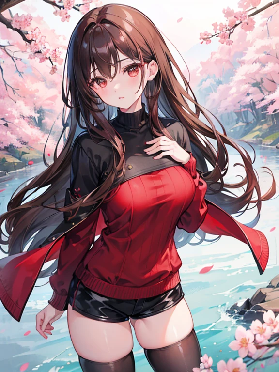 One female、brown hair、long hair、well-groomed face、dense lips、Red knitted clothes、beautiful breasts、black coat、black shorts、cherry blossoms、cherry blossomsの雨、river、masterpiece、ultra high resolution、delicate、perfect lighting、sunlight、16K