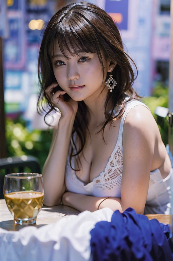 (8K, RAW photo, super high quality, super detailed CG Unity 8K wallpaper, masterpiece: 1.2), one girl, 3D,The depth of field in the photo is perfect、The lens flare added a nice touch,Staring lovingly at the viewer,smile,very beautiful detailed eyes, Accurate glossy iris depiction, The pupils are pitch black and deep., water based humor shine, Highly detailed lashes, Iris with a very slight black edge,beautiful hair,Ultra-fine bristles,accurate shading of hair, Delicate bristles,professional makeup,Ultra-detailed lip,Accurately expresses wrinkles on the lips,Beautiful and lustrous lips,wearing small jewelry earrings, short hair, (Slightly sweaty skin:0.8),sleeveless clothes, Accuracy of shadows created on clothes, chiaroscuro, realistic, A stylish cafe terrace with lots of antique accessories ,nearby fountain、big breasts、