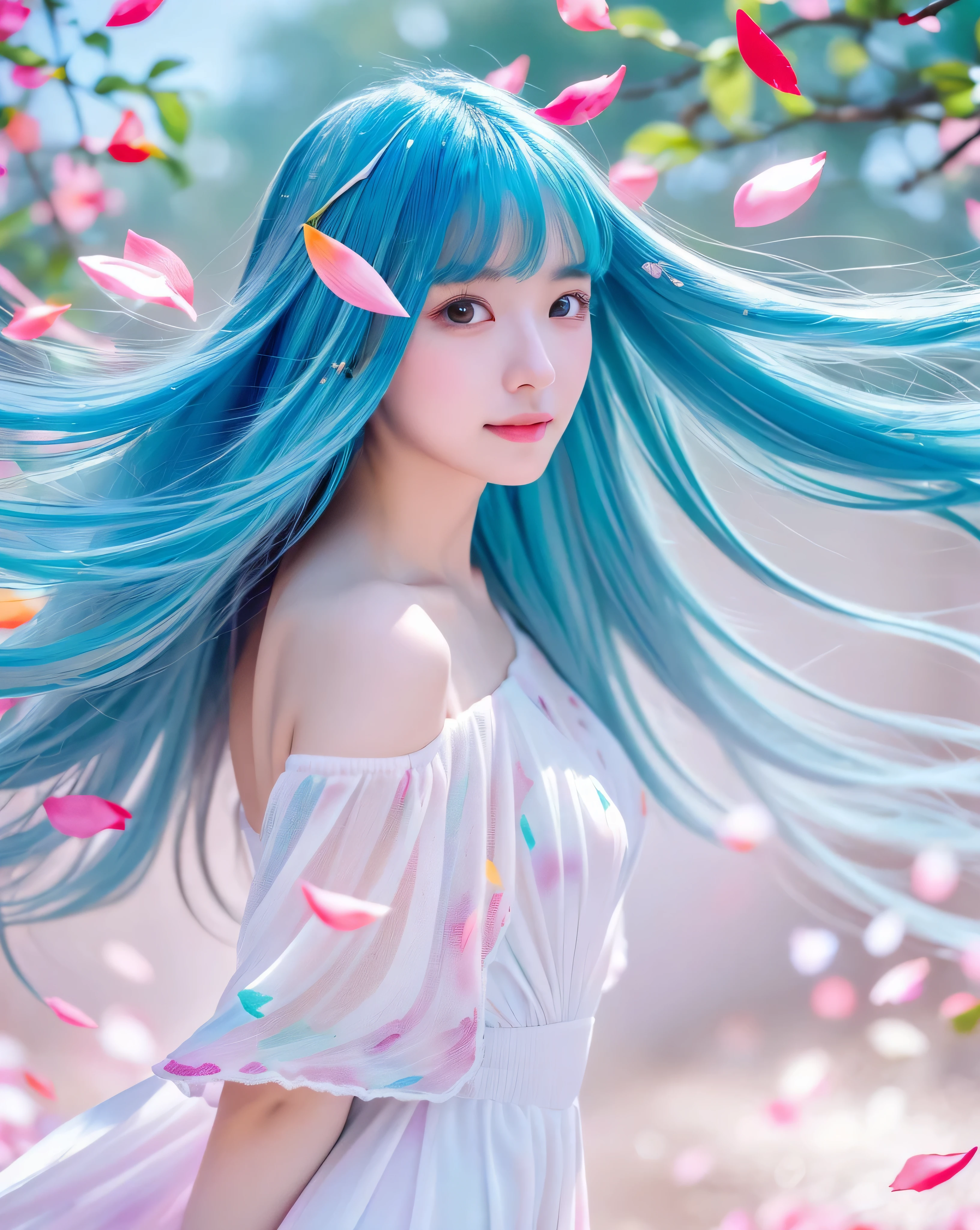 (highest quality, 32k, High resolution, masterpiece:1.5,), Haunting fantasy portrait in abstract style, ((In a swirl of fantastic pastel colors and soft light)), Evoking a sense of soothing tranquility and elusive beauty, Award-winning masterpiece with amazing details, beautiful japanese woman, perfect human anatomy, big magical eyes, A profile that looks down with a fleeting smile, ((shiny baby blue hair)), Beautifully styled long straight hair, Beautiful asymmetrical bangs, hair between eyes, smooth and soft skin, natural makeup, Thin and slightly raised eyebrows, clear double eyelids, pale pink lips, ((white see-through dress, off shoulder, The absolute realm of miniskirts)), High resolution perfect clavicle, Beautiful chest in high resolution, Slender body with plump breasts, ((Colorful sparkling petal effect:1.3)), gentle sunlight, professional lighting, professional photographer, Professional models,mysterious