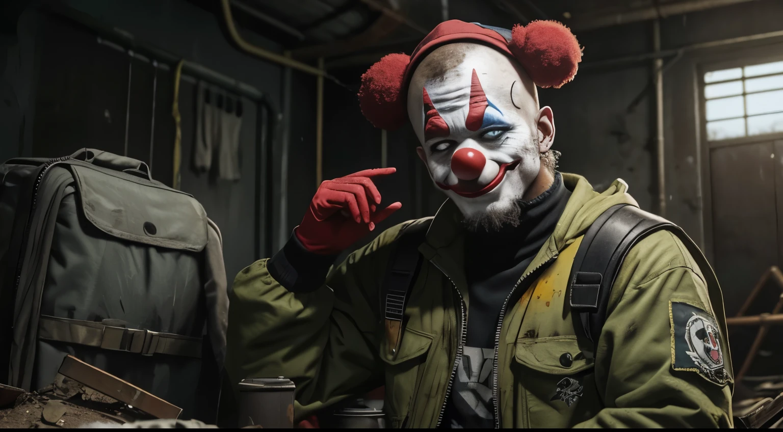personagem baseado no jogo scum, with anti-radiation clothes with a clown face and worn and dirty clothes, com uma mochila nas costas e uma capa amarela