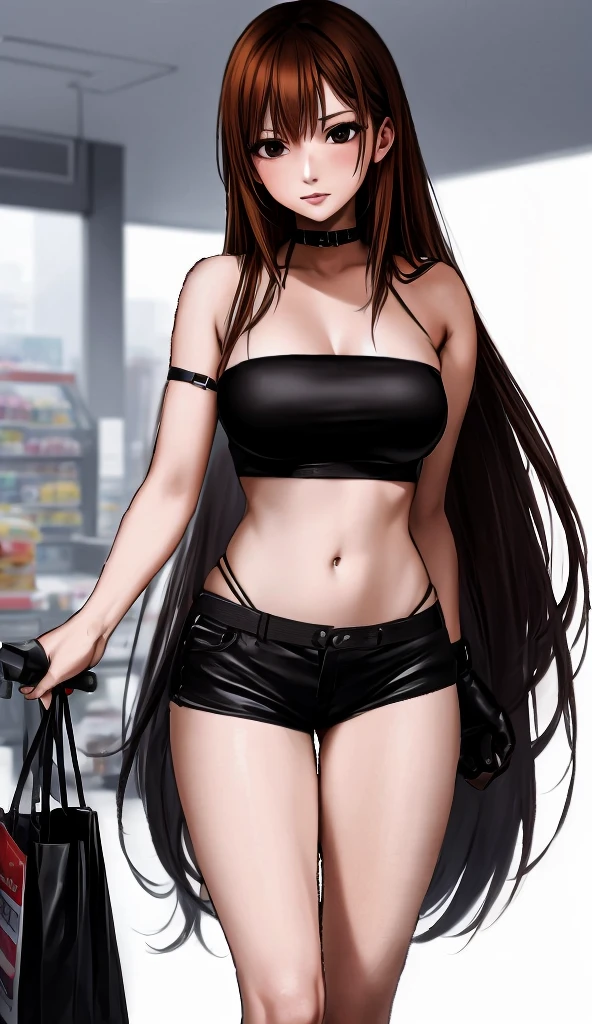 A beautiful adult woman with shoulder-length hair, big breasts, and beautiful legs is standing blushing in a supermarket wearing a black umbilical tube top and black hot pants that resemble panties.。