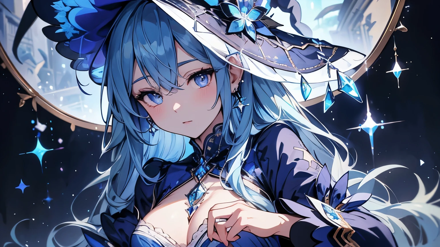 hading, super detailed skin, beautiful detailed eyes, best quality, ultra-detailed, alone, (illustration), studying magic, ultra-detailed, (extremely delicate eyes:1.3), (witch dress, (extremely detailed earrings:1.1), (embroidery:1.3), (blue hair:1.3), (long hair), spring time, indie aesthetic, sparkling, dynamic pose, vibrant colour, shadow, contrast, refraction, perspective, depth, stunning details