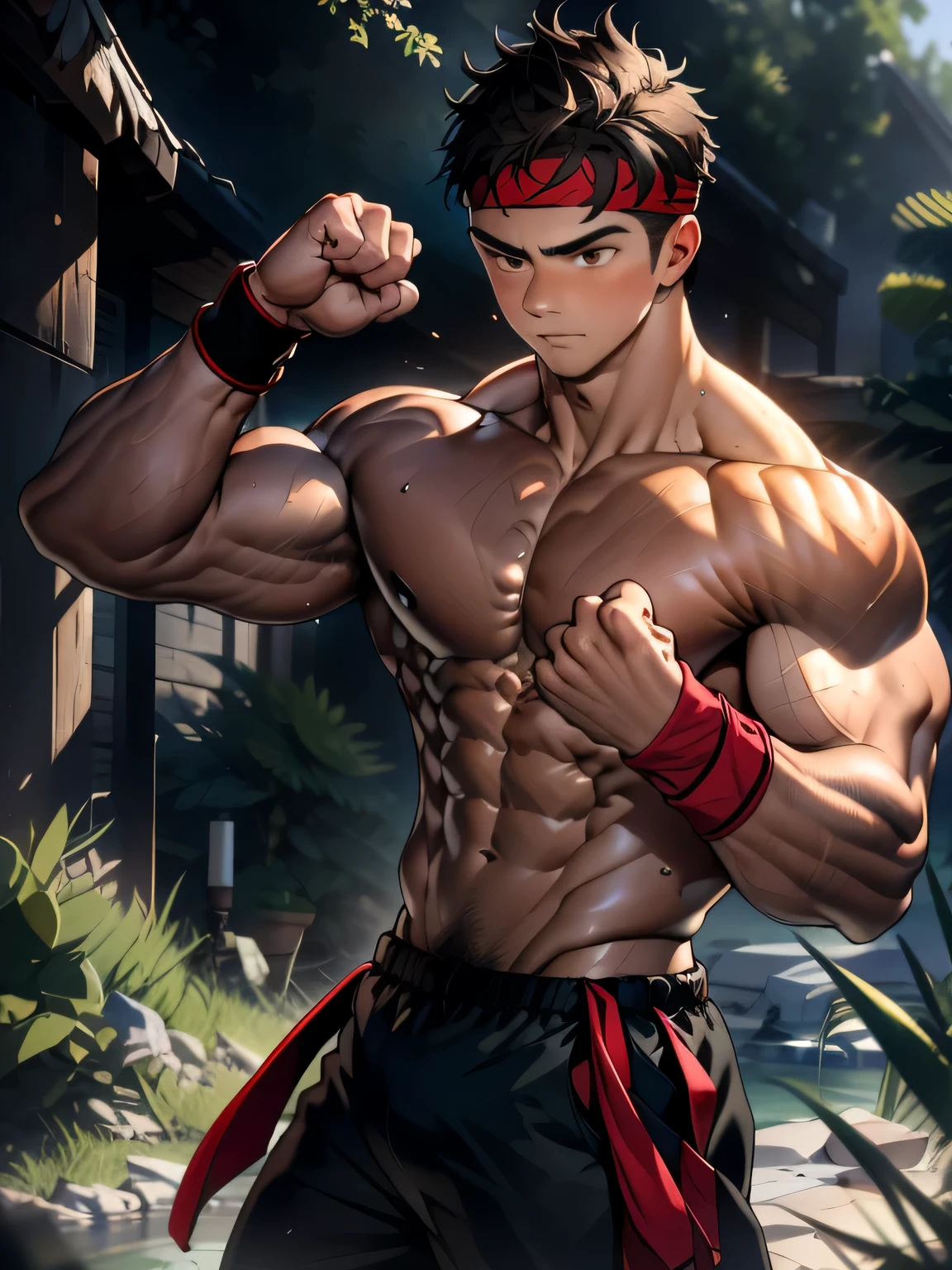(Masterpiece, Best quality 18 year old boy, simple background, bust shot, looking away), solo, Young, boy, muscler, full bodyesbian, Shirtless, topless, (Dark Short straight hair, under cut, brown eyes), (torn cloth, red headband, ((black wristband))), Vivid colors, (hot Abs, big , chest muscle, upper arms), (topless male), closed mouth, tight muscler body, ((epic martial arts pose, abs guard pose))