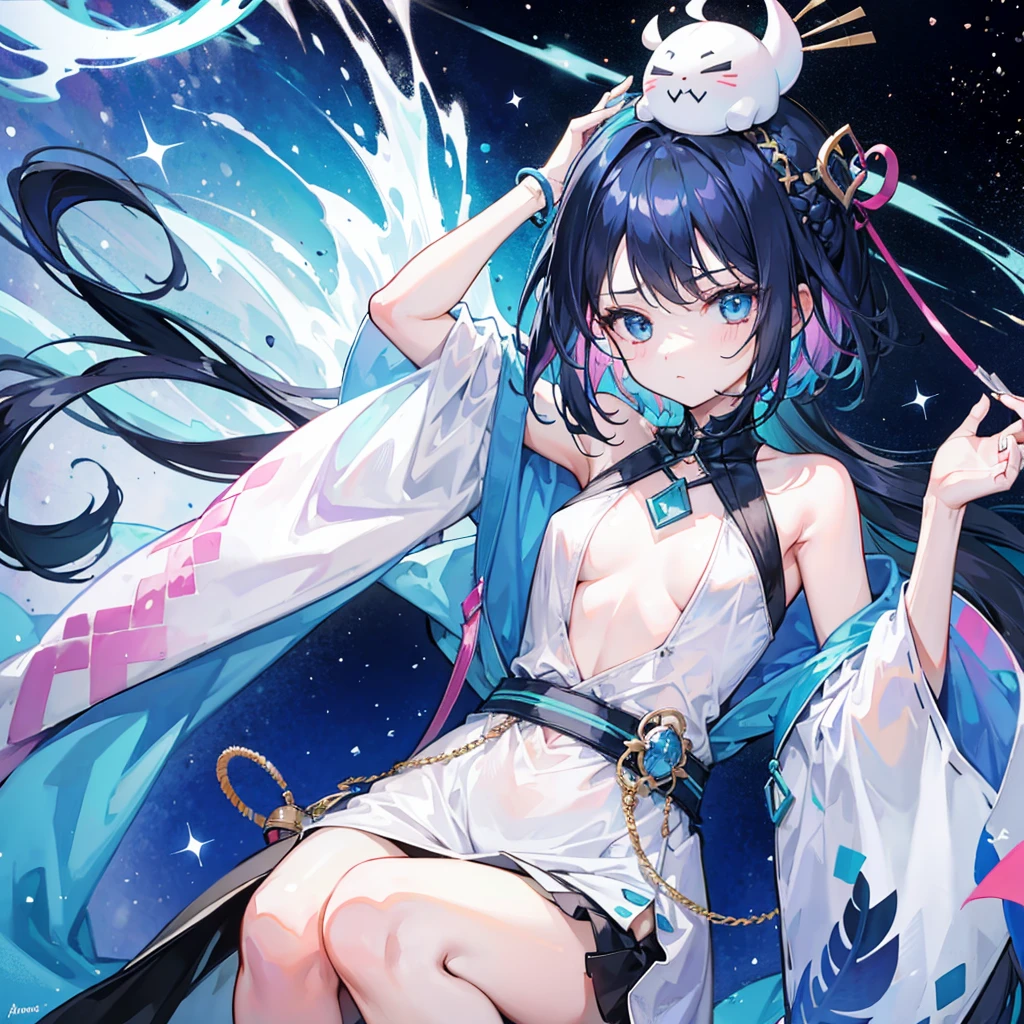 (((1 girl))), colorful black hair strokes, shiny hair、pink and light blue inner color、shortcut、(((((put something on your head)))))、show me your side、、 pouting、lots of details, small breasts, under the starry sea、