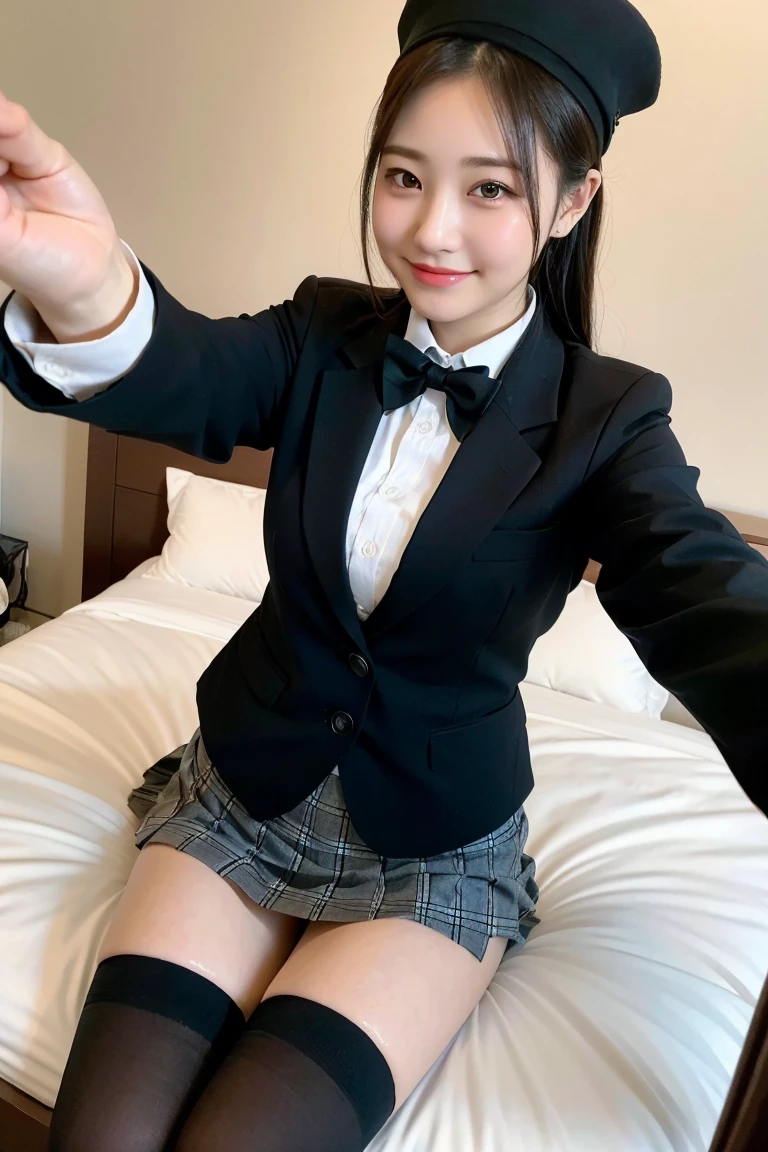 (8K), (highest quality: 1.2), (realistic), (realistic: 1.37), ultra high resolution, 1 girl, cute, smile, closed mouth, beautiful details, beautiful nose, wet hair, giant dulcefo, pork, thighs，Self snap,college uniform,simple blazer,Tartan check pleated skirt,(黒のthigh-high socks:1.2),bed,thighsにクローズアップ,selfie