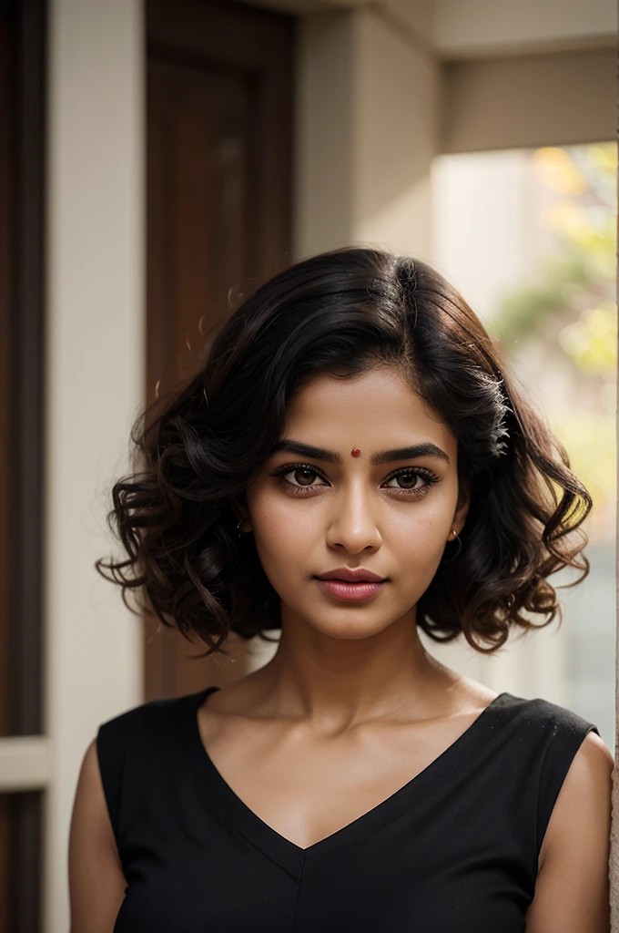 craft a hyper realistic vertical photo of Indian most attractive serious woman in her 30s, trending on artstation, portrait, digital art, modern, sleek, highly detailed, formal,  determined, CEO, colorized, smooth, charming, pretty, soft smile, soft lips, black eyes,  T-shirt Dresses, Curly updo hair, 