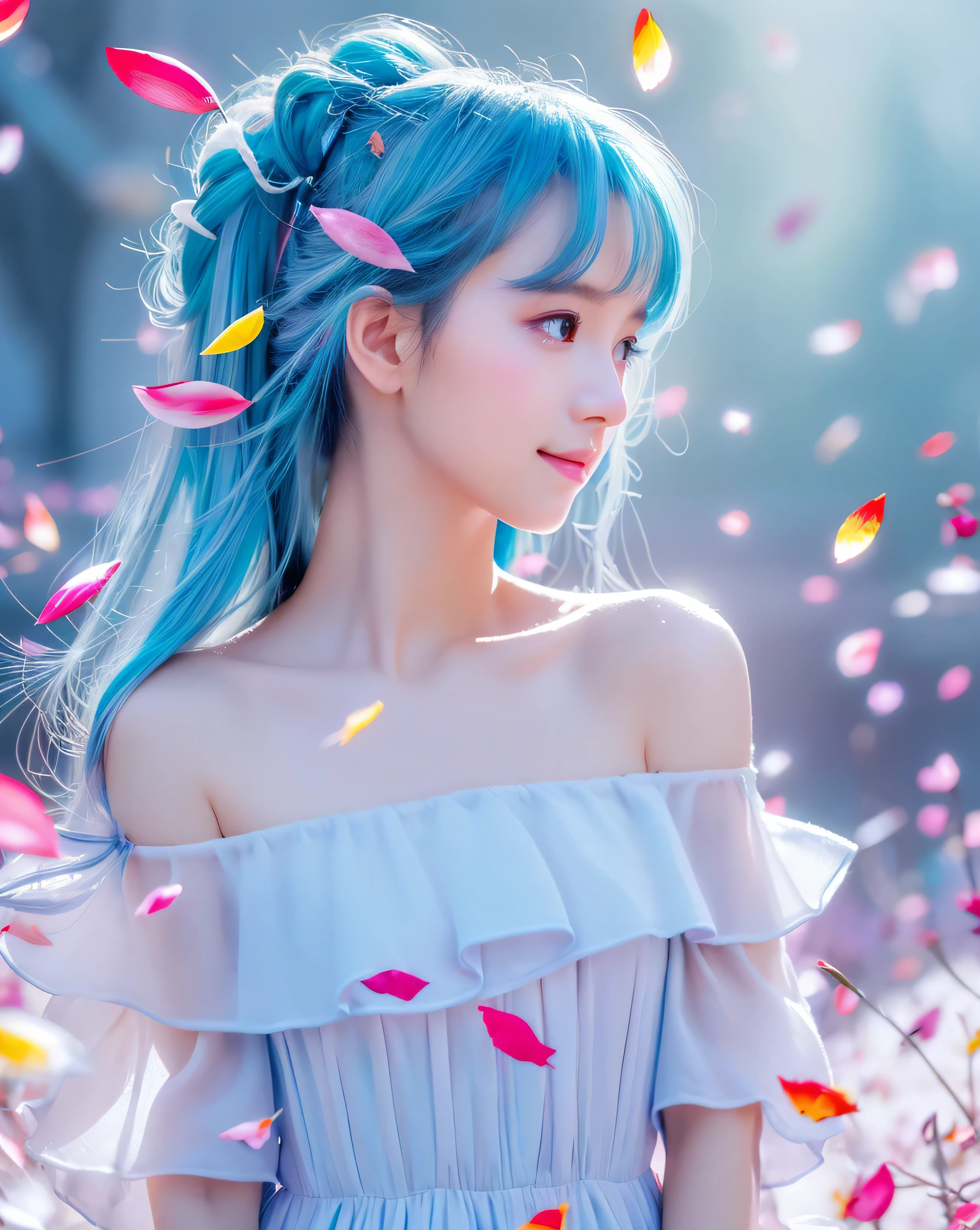 (highest quality, 32k, High resolution, masterpiece:1.5,), Haunting fantasy portrait in abstract style, ((In a swirl of fantastic pastel colors and soft light)), Evoking a sense of soothing tranquility and elusive beauty, Award-winning masterpiece with amazing details, beautiful japanese woman, perfect human anatomy, big magical eyes, A profile that looks down with a fleeting smile, ((shiny baby blue hair)), Beautifully styled long straight hair, Beautiful asymmetrical bangs, hair between eyes, smooth and soft skin, natural makeup, Thin and slightly raised eyebrows, clear double eyelids, pale pink lips, ((white see-through dress, off shoulder, The absolute realm of miniskirts)), High resolution perfect clavicle, Beautiful chest in high resolution, Slender body with plump breasts, ((Colorful sparkling petal effect:1.3)), gentle sunlight, professional lighting, professional photographer, Professional models,mysterious