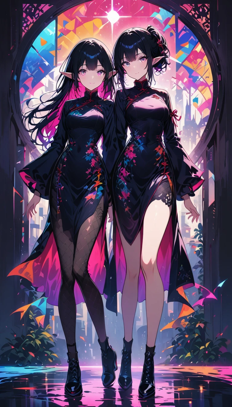 Seamless geometry，The art of splicing，Geometric puzzle style，2 cute girls, elf ears，shining eyes, 16 years old, happiness，Lovely smile， Colored inner hair, gradient hair, Smooth lines, clean silhouette， (Full body and long legs:1.1), head to shoes，geometric pattern cheongsam，Colorful geometric shapes around，bright colors，eye-catching composition，abstract pattern，Geometric symmetry，Shocking visual impact，blank background，fishnet stockings，artistic interpretation，expressive brushstrokes，Translucent layer，Contrasting tones，Warm and cold light exposure，Ethereal and magical atmosphere，seductive and charming scene