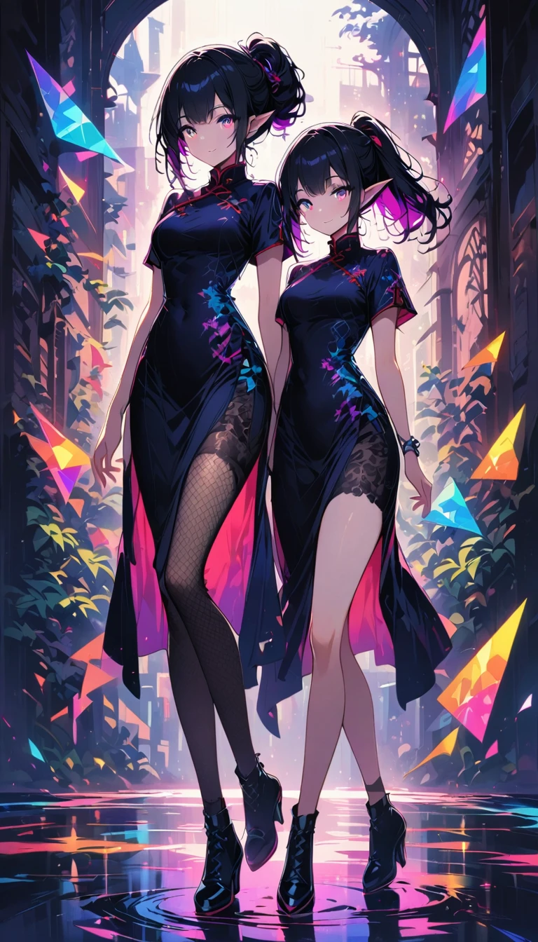 Seamless geometry,The art of splicing,Geometric puzzle style,2 cute girls, elf ears,shining eyes, , happiness,Lovely smile, Colored inner hair,gradient hair,Smooth lines, clean silhouette, (Full body and long legs:1.1), head to shoes,geometric pattern cheongsam,Colorful geometric shapes around,bright colors,eye-catching composition,abstract pattern,Geometric symmetry,Shocking visual impact,blank background,fishnet stockings,devil horns,artistic interpretation,expressive brushstrokes,Translucent layer,Contrasting tones,Warm and cold light exposure,Ethereal and magical atmosphere,seductive and charming scene