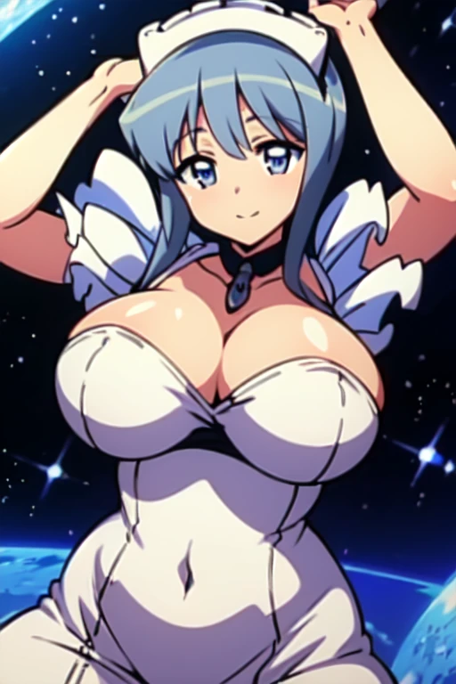 tsurime, french maid dress, masterpiece, best quality, a girl flying in the yellow luminous mistic transformation space, french maid magical costume, zero-gravity, dynamic movement, 1 girl, solo, young female, 19yo, silver hair, glossy hair, straight hair, g-cup breasts, huge breasts, full breasts, model, glamorous, large breasts. full breasts, big hips, full hips, ((starrysky glowing)), perfect body,