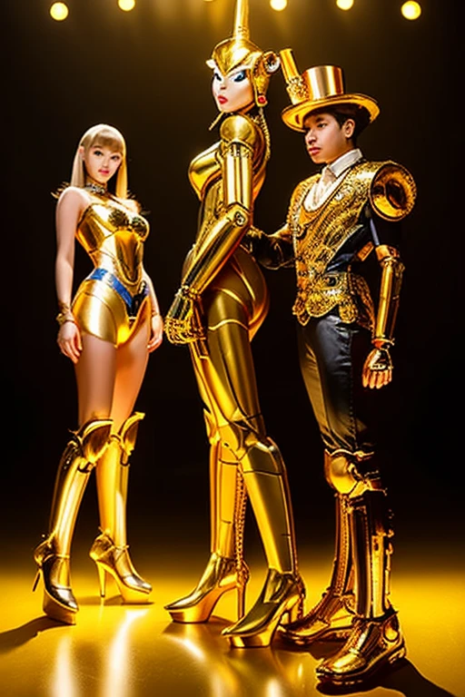 Full body golden robot woman posing,
 three people together,
 facing forward,
 Golden Jewelry, fairy skin,
 Gold and silver endoskeleton from the neck down,
 ball joint,
 futuristic iron man mech, 
 fascinating and charming,
 sexy 21 year old cool european,
 美しい Steampunk Anime Lady,
 beautiful steampunk goddess