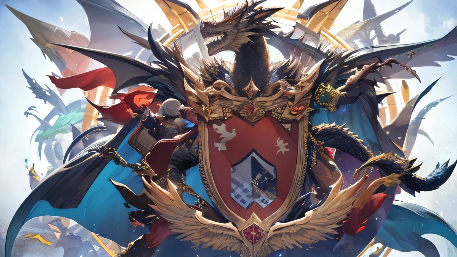 ((A magical coat of arms)), with cards around containing images of mystical creatures like dragon, It's fun to do.