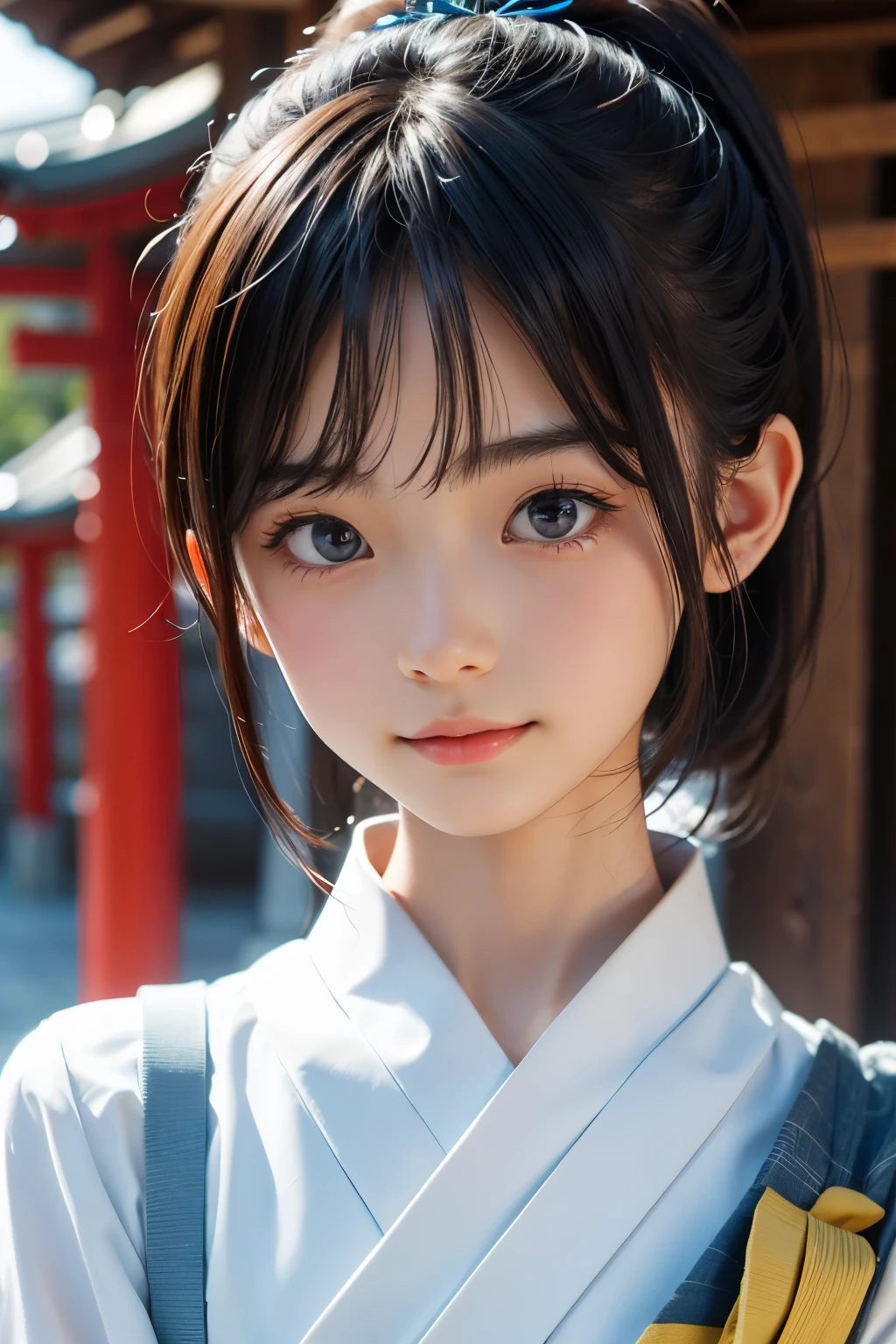 Beautiful 12 year old Japanese woman), cute face, (deeply carved face:0.7), (freckles:0.6), soft light,healthy white skin, shy, (serious face), thin, smile, japanese , ponytail