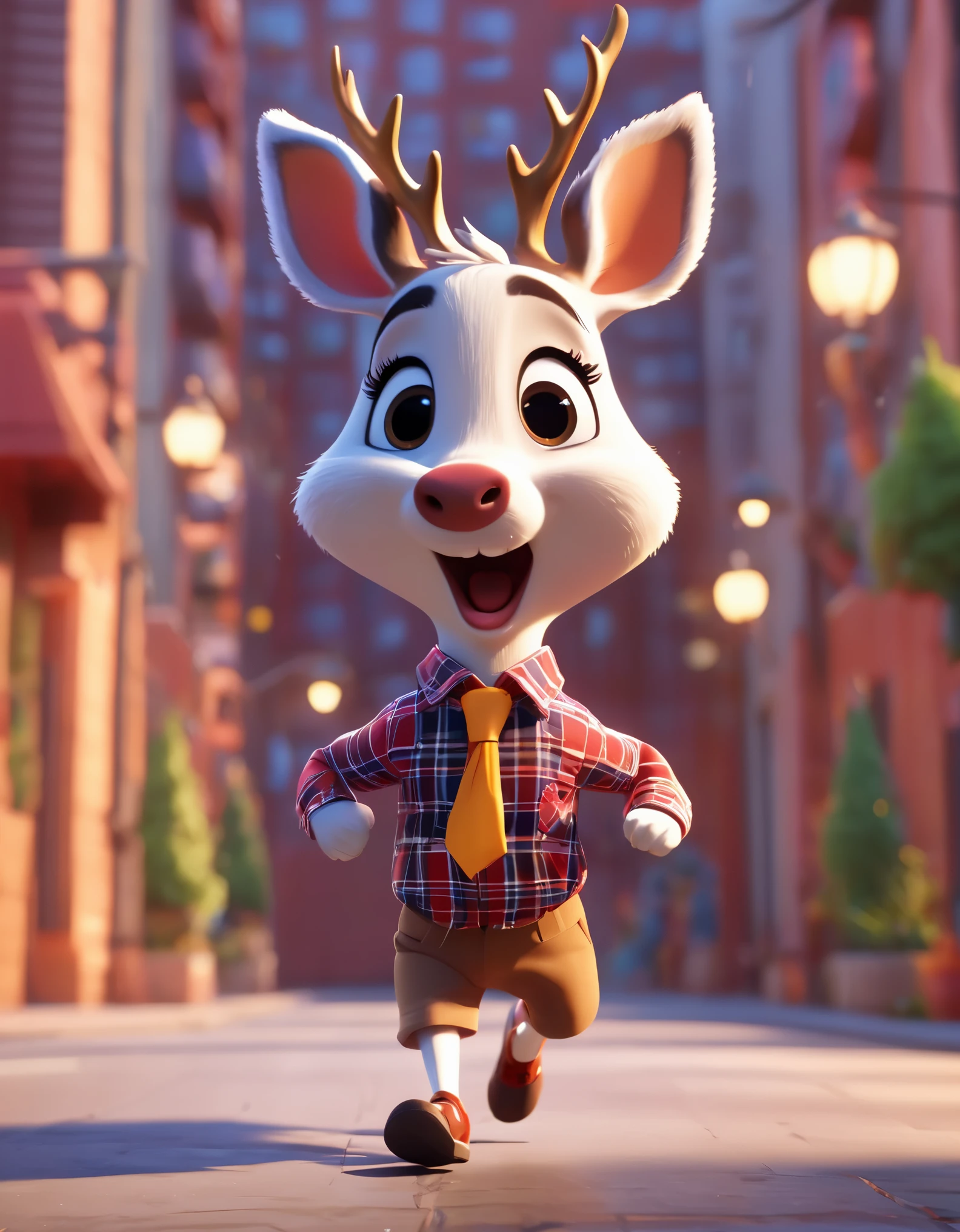 3d，c4d，disney art of animation，personification，Northeast Roe Deer，wearing a plaid shirt，Suit shorts，run，Open your mouth and laugh，Warmth，Cute and cute，Cartoon，OC renderer，8k，high quality，masterpiece