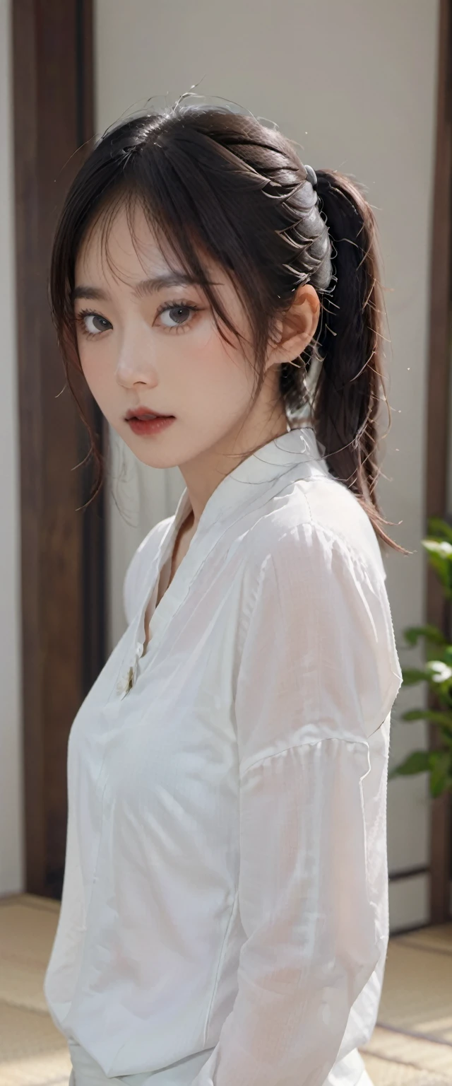 8K resolution,A Japanese-Korean mixed-race woman with light makeup,Beautiful Nariko 34 years old,tie a ponytail,A shy expression on his face。Clean and delicate face from the front,Wearing a delicate white shirt,Delicate gauze yoga pants,standing in the room。