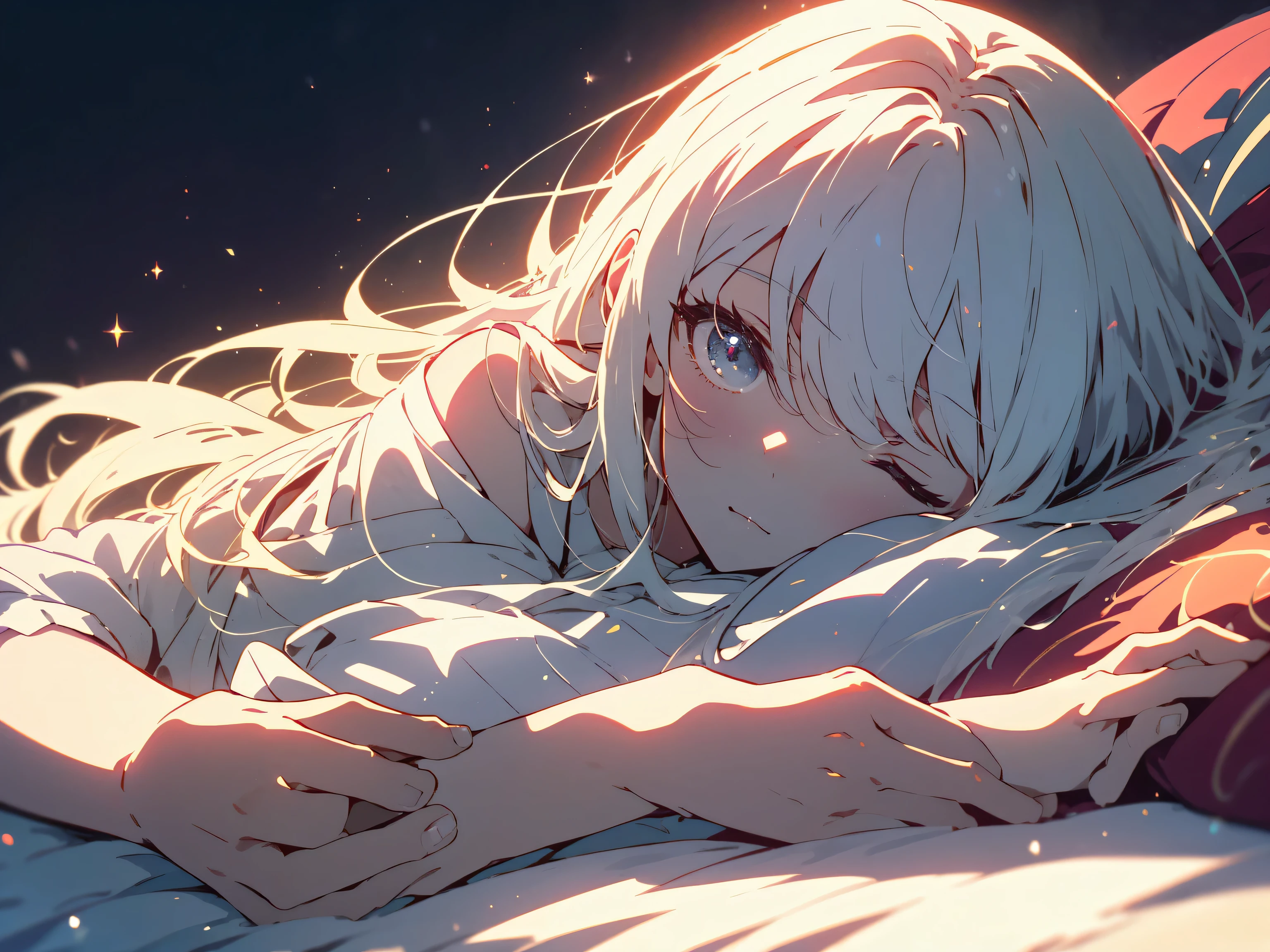 (highest quality、masterpiece、High resolution、detailed)、long hair anime girl lying on bed, eyes closed, Sleeping、From the front of the girl, Cute anime wife in beautiful clothes, seductive anime girl, white haired god, exquisite details. in a dress, beautiful anime 4k、(highest quality、masterpiece、High resolution、detailed)