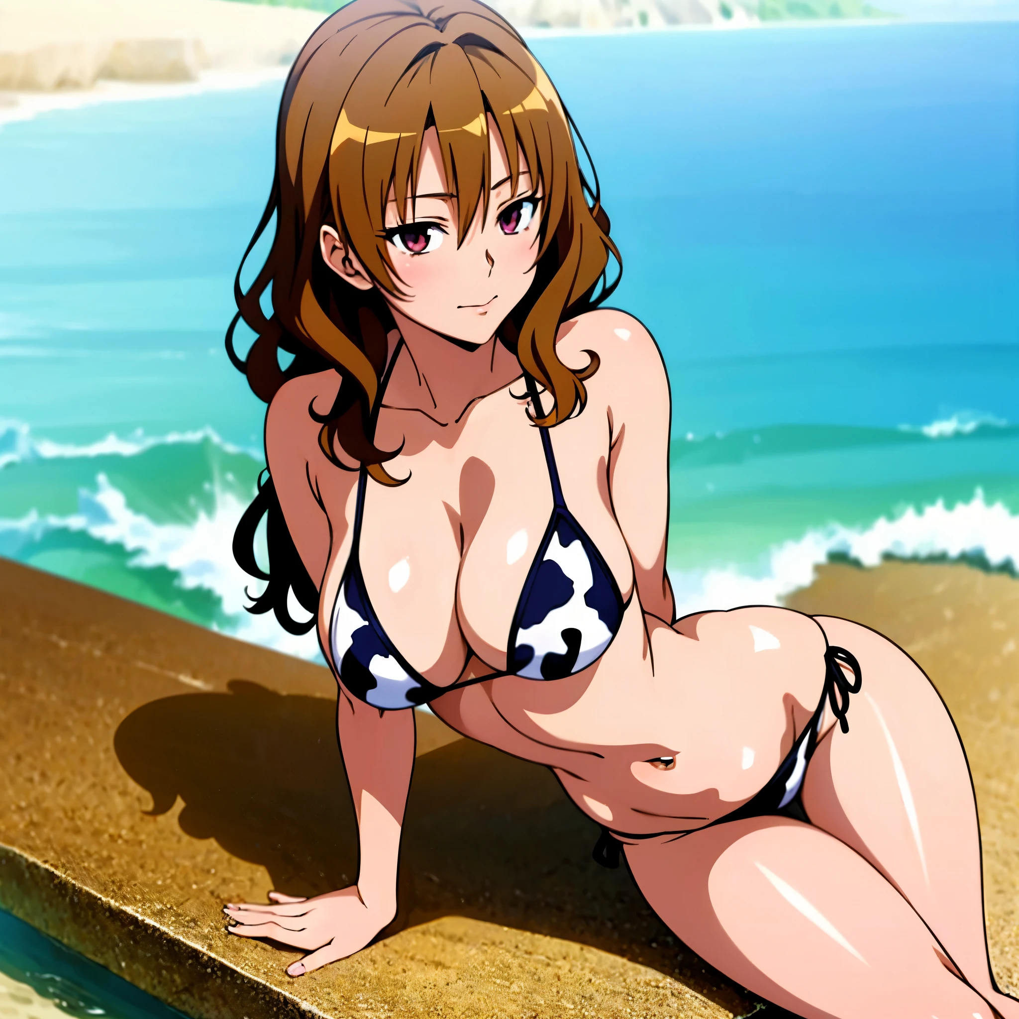 アニメの女の子 in a bikini posing on the beach、Woman with short brown hair、brown eyed woman、wavy hair、realistic bikini、seductive anime woman、swimsuit、美しいanime woman、4K style、is wearing a swimsuit、attractive anime girl、on the beach、highly detailed art germ、tall woman、sexy atmosphere、big breasts、woman with very large breasts、tits、anime moe art style、naughty anime style、digital anime art!!、female focus、Smooth anime CG art、in a triangle bikini、美しいanime woman、naval、midriff、cleavage、bikini with an cow print top、bikini with an cow print bottom、whole body、sexy anime woman、a woman is standing、 attractive anime woman、in a bikini、cow print、animal print、(anime woman)、 anime best wo bikini、beautiful anime woman、Beautiful charming anime 、digital anime art、