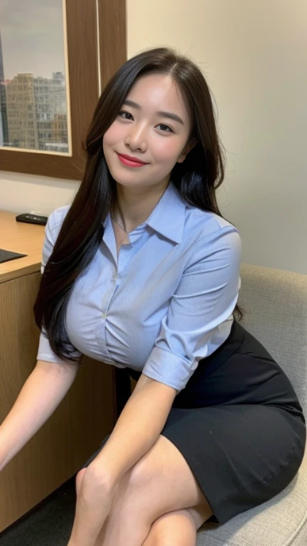 ((highest quality, 8K, masterpiece, portrait: 1.3)), (looking at the viewer), (full shot:0.85), attractive business mature woman, 1 person, a little chubby:0.35, white collared shirt, gray skirt,((big breasts)) (big pelvis:0.3), (officeの机にあぐらをかいて座っている)), smile:0.2, president&#39;office,good posture、