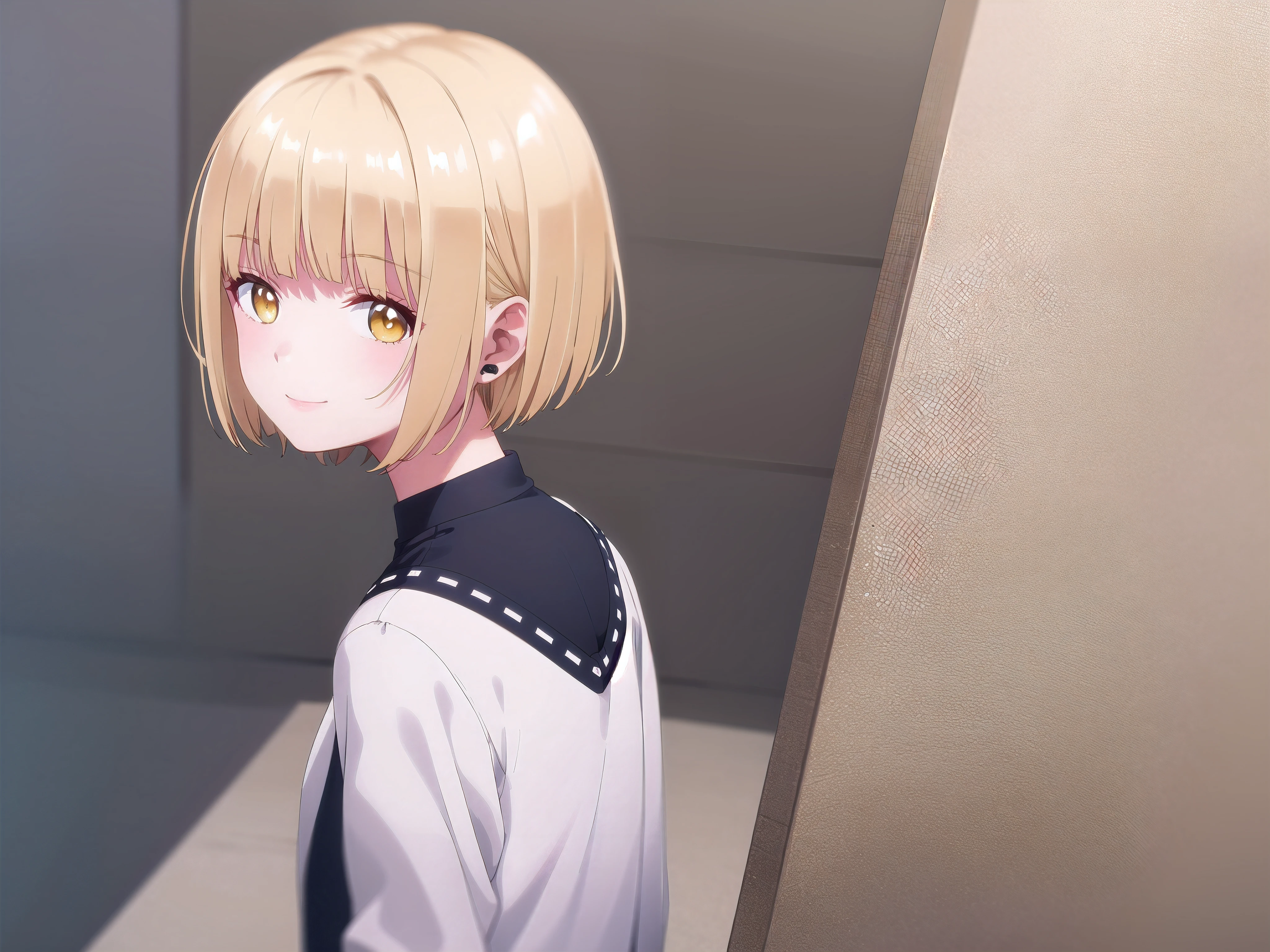 (((pixel-perfect, detail-perfect))), HDR, 4K, 1girl, solo, exposed back, looking at viewer, upper body, blonde hair, bob_hair, short-hair, short bob hair, (((bobcut))), ((haircut:1.3)), undercut, bobbed hair, minibob, sidecut, buzz haircut, sidecut, yellow eyes, Short ear hair, graduation bob, straight short hair, smile, Shave his hair, Short ear hair, (side of head shaved), Long bangs