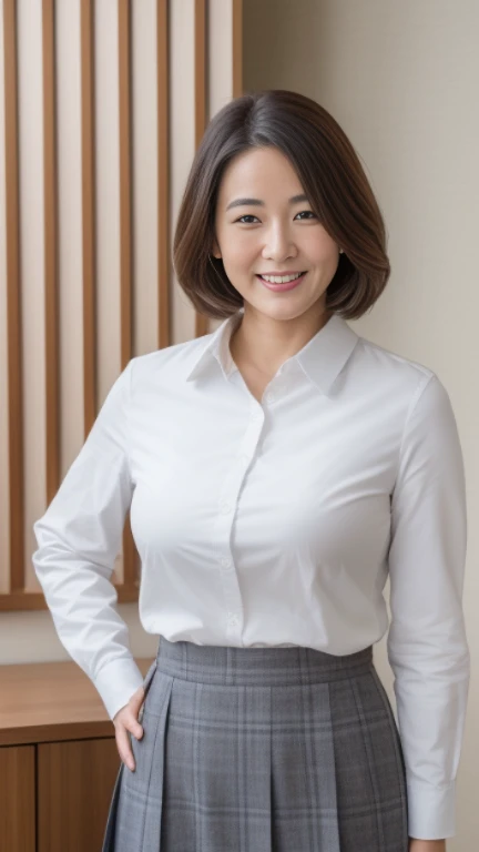 ((highest quality, 8K, masterpiece, portrait: 1.3)), (looking at the viewer), (full shot:0.85), attractive business mature woman, 1 person, a little chubby:0.35, white collared shirt, gray skirt,((big breasts 1.6)) (big pelvis:0.3), (officeの机にあぐらをかいて座っている)), smile:0.2, president'office,good posture、