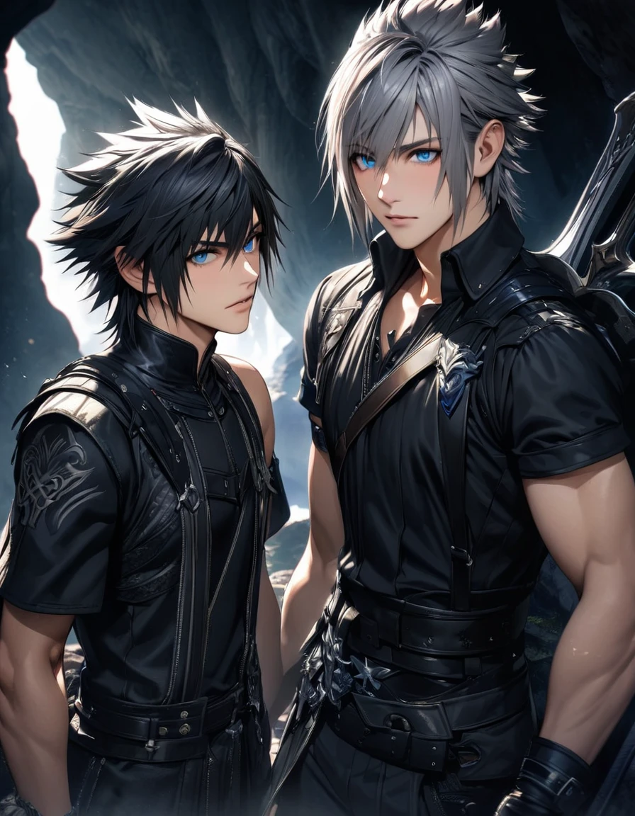 absurdres, highres, ultra detailed, HDR), masterpiece, best quality, vibrant blue eyes, finely eyes and detailed face, Riku, grey hair, Kingdom hearts, Noctis Lucis Caelum, black spiky hair, Final fantasy xv, 2men together, gay, handsome, black fantasy clothes, inside a cave, darkness
