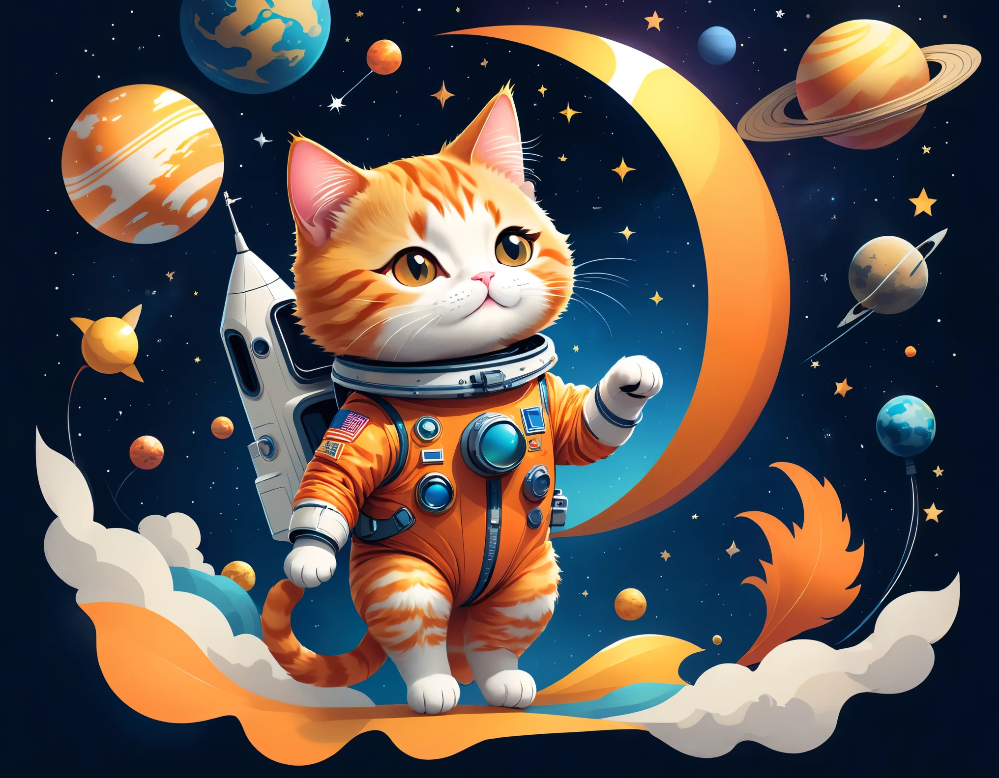 vector art:Cat astronaut,draw with thick lines,illustration,adobe,flat design,Works created by professional designers,超Brilliant宇宙旅行,orange cat:Spacesuit,Rocket emblem,technology,adventure,spaceship,outer space,no gravity,buoyant,floating object,cute,Fantastic,Brilliant,Bokeh effect,fun,Wonderful,joy,masterpiece,最高masterpiece,rich colors,colorful,cool,rendering,zentangle elements,line art,