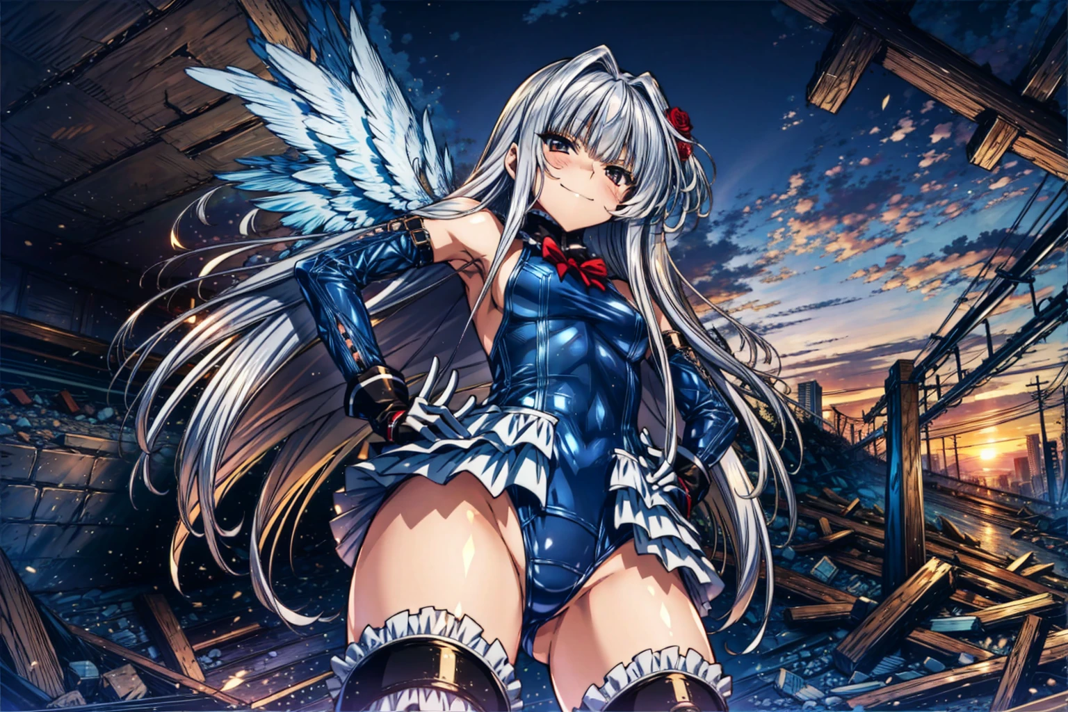 perfect anatomy, highest quality, rose,evil smile,provocative attitude
,(Girls greet dawn on top of a pile of rubble:1.1),evil smile,anime style,(ruffle swimsuit, Thighhighs, removed sleeve), (anime style:1.4) ,
silver hair,(white fingers:1.1,black gloves),very long hair,evil aura,(from below),put both hands on hips、Little girls fallen in the background:1.4)