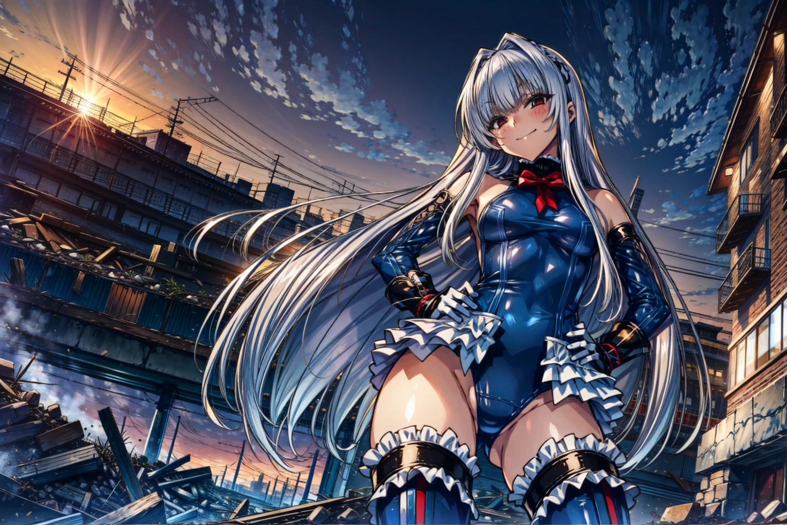 perfect anatomy, highest quality, rose,evil smile,provocative attitude
,(Girls greet dawn on top of a pile of rubble:1.1),evil smile,anime style,(ruffle swimsuit, Thighhighs, removed sleeve), (anime style:1.4) ,
silver hair,(white fingers:1.1,black gloves),very long hair,evil aura,(from below),put both hands on hips、Little girls fallen in the background:1.4)
