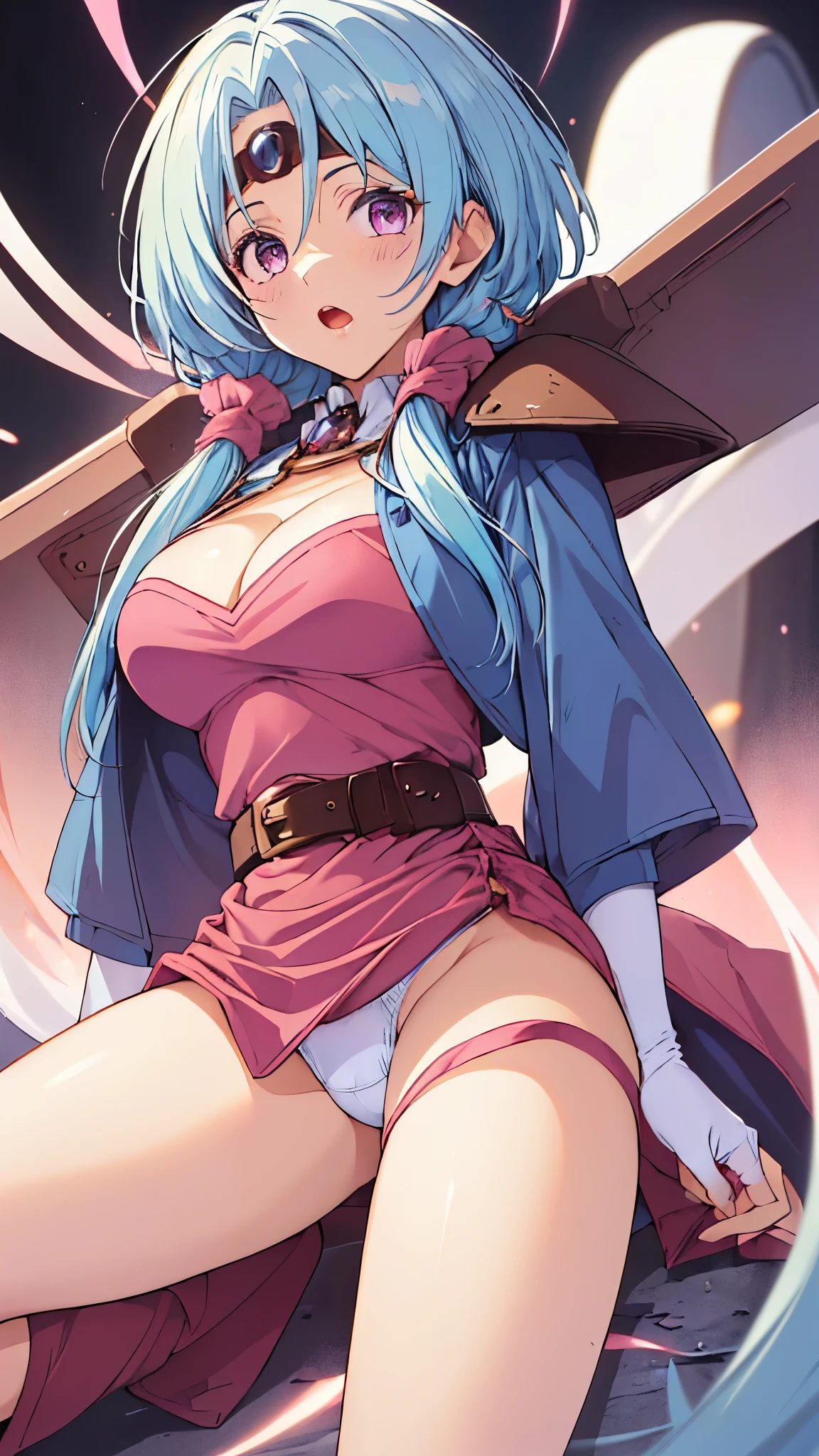 (Upper body:1.3),open your mouth, embarrassing ,blush,(spread your legs:1.3),(raise your legs),(cameltoe:1.3),(highest quality:1.1), (Super detailed:1.1),1 girl, alone,light blue hair,undulating_Pfurisia,gloves, fingerless gloves, chest, cleavage, skirt,large chest,circlet, pink cloak, head band,staff,jewelry, low twin tails,belt,boots,very_long hair,(white panties:1.3),
break,open your mouth,