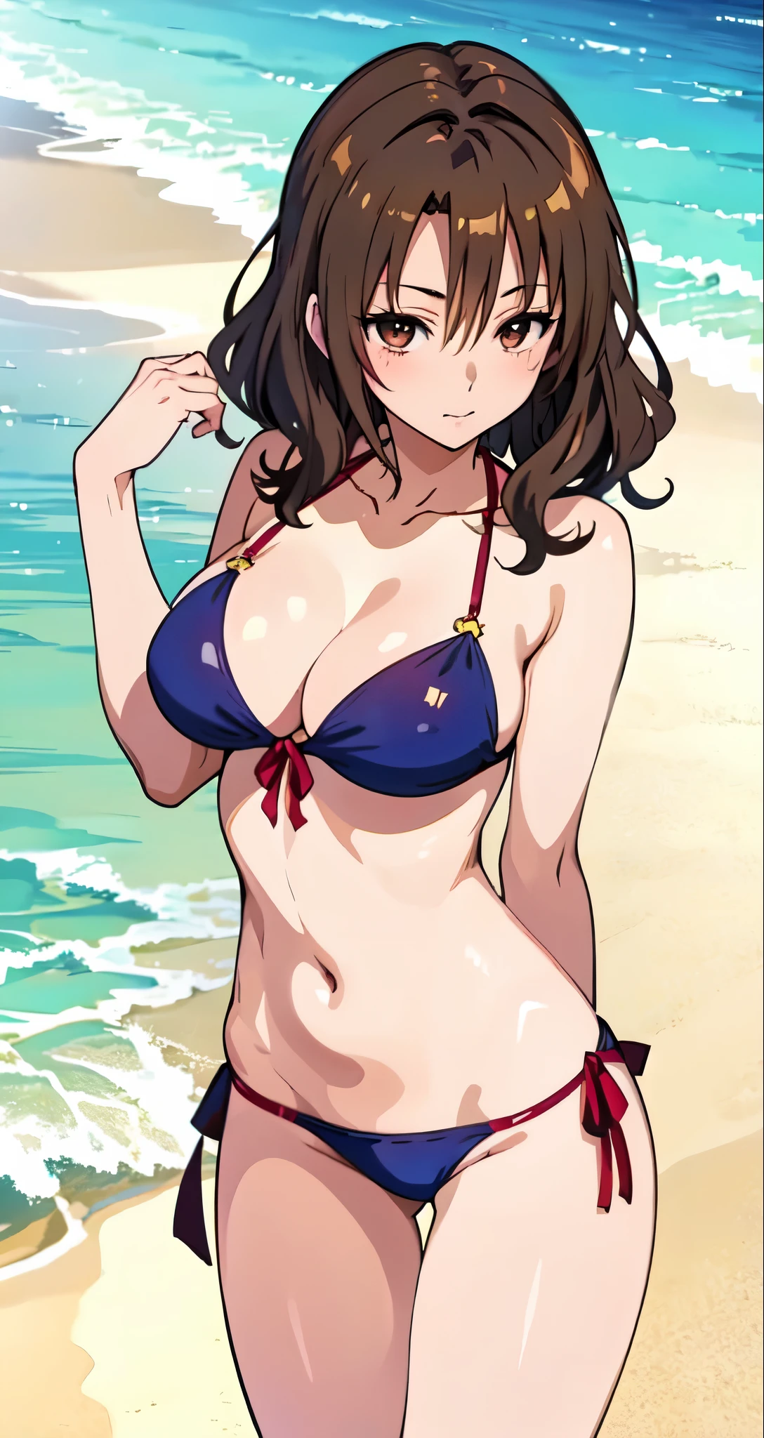 アニメの女の子 in a bikini posing on the beach、Woman with short brown hair、brown eyed woman、wavy hair、realistic bikini、seductive anime woman、swimsuit、美しいanime woman、4K style、is wearing a swimsuit、attractive anime girl、on the beach、highly detailed art germ、tall woman、sexy atmosphere、big breasts、woman with very large breasts、tits、anime moe art style、naughty anime style、digital anime art!!、female focus、Smooth anime CG art、in a triangle bikini、美しいanime woman、naval、midriff、cleavage、bikini with an yellow top、bikini with an yellow bottom、whole body、sexy anime woman、a woman is standing、 attractive anime woman、in a bikini、(anime woman)、 anime best wo bikini、beautiful anime woman、Beautiful charming anime teen、