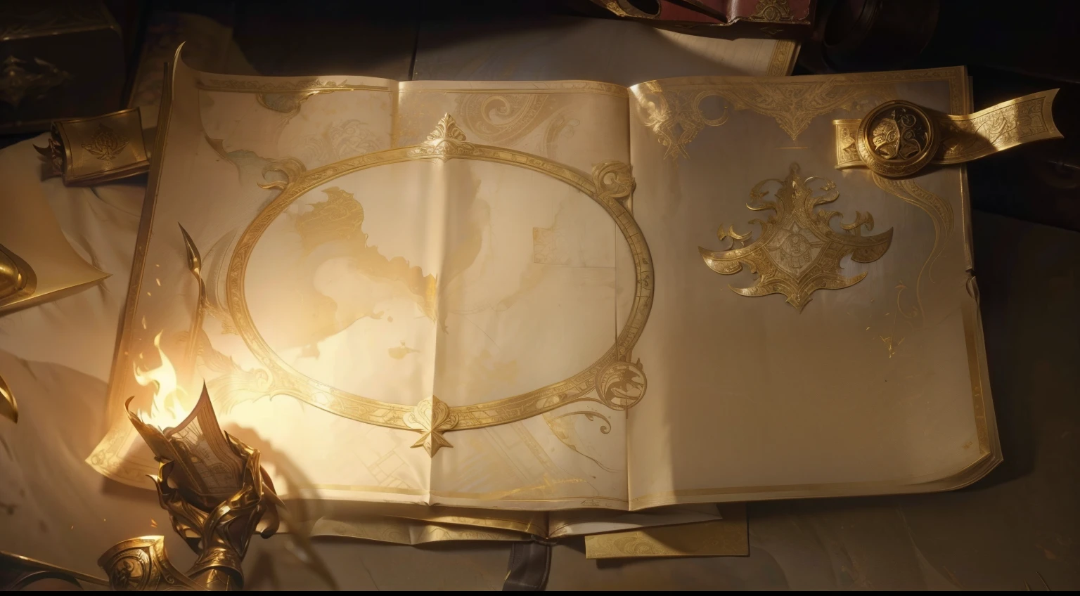 There is a piece of paper,It has a gold pattern on it, ornate border + concept art, 战斗map道具, map, faded parchment, Magic book page, Loading screen", treasure background, map帕特伦, arena background, 蒸汽车间map, Treasure Map, 8k high definition wallpaper jpeg artifact, 8k high definition wallpaper jpeg artifact, reel