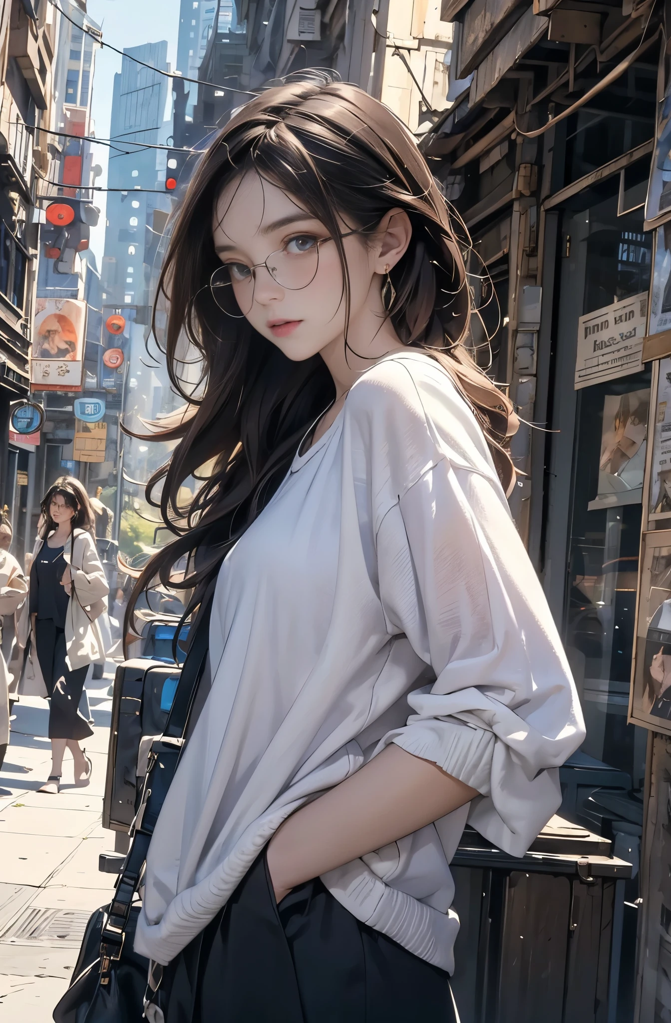 Photo of a beautiful woman standing on a street corner, Perfect model body shape, Stylish pants style, colorful purple shirt, sunglasses, very stylish, with influence of Jeremy Mann, Jeremy Mann, style of Jeremy Mann, Jeremy Mann painting, Jeremy Mann art, Ron Hicks, Liepke, Jeremy Mann and alphonse mucha, Works that influenced Edmund Blampid, robert lenkiewicz, Casey Baugh and James Jean, Works that influenced Willem Kalf, Nick Alm, tumbler, figurative art, intense watercolor, watercolor detailed art,Beautiful and expressive paintings, Beautiful artwork illustration, wonderful, cool beauty, masterpiece, highest quality, official art, perfect composition, perfect angle, best shot, The perfect subject, women only, sharp outline, romantic, Moody, very beautiful and detailed eyes, beautiful and delicate eyes, ideal animation, sentimental, 25th street new york, close