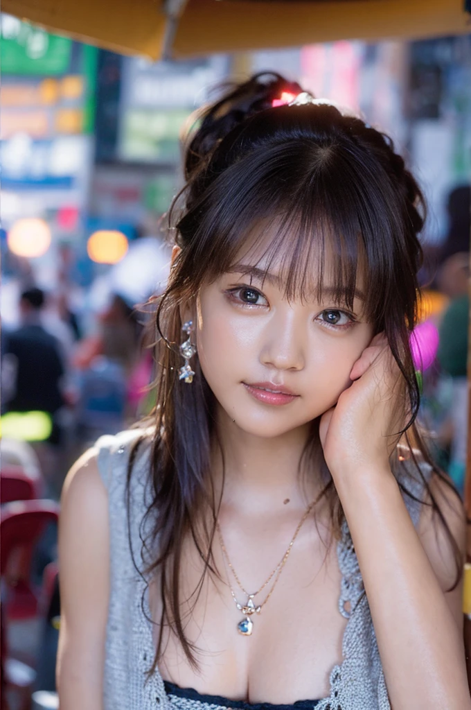 (8K, RAW photo, super high quality, super detailed CG Unity 8K wallpaper, masterpiece: 1.2), one girl, 3D,The depth of field in the photo is perfect、The lens flare added a nice touch,Staring lovingly at the viewer,smile,very beautiful detailed eyes, Accurate glossy iris depiction, The pupils are pitch black and deep., water based humor shine, Highly detailed lashes, Iris with a very slight black edge,beautiful hair,Ultra-fine bristles,accurate shading of hair, Delicate bristles,professional makeup,Ultra-detailed lip,Accurately expresses wrinkles on the lips,Beautiful and lustrous lips,wearing small jewelry earrings, short hair, (Slightly sweaty skin:0.8),sleeveless clothes, Accuracy of shadows created on clothes, chiaroscuro, realistic, A stylish cafe terrace with lots of antique accessories ,nearby fountain、big breasts、