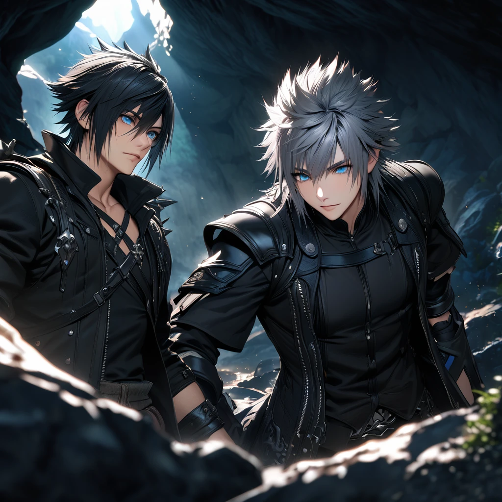 absurdres, highres, ultra detailed, HDR), masterpiece, best quality, vibrant blue eyes, finely eyes and detailed face, Riku, grey hair, Kingdom hearts, Noctis Lucis Caelum, black spiky hair, Final fantasy xv, 2men together, gay, handsome, black fantasy clothes, inside a cave, darkness