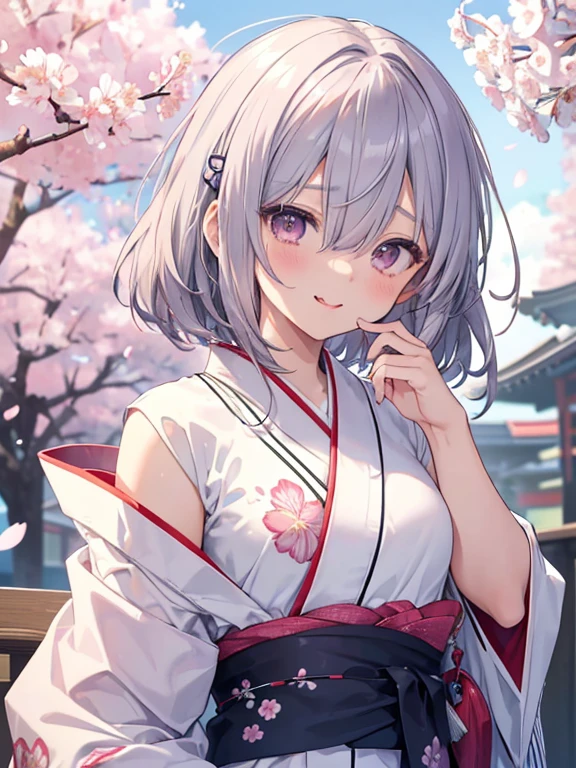 A 18 years old Japanese lady(( small breast, slender)),((put her hands on her mouth )), bluish gray medium hair(( voluminous side undercut hair ))(( much shaggy forelock:1.3)),((hair over both eyes completely:1.5)), tidy  yukata ((dianthus patterns )),Japanese style coat((cherry blossoms color )),(( half moon motif’s hairpin )) , shiny pink big round droopy eyes, blush and passionate smile, fearless atmosphere, neatly posing,tongue out, best quality