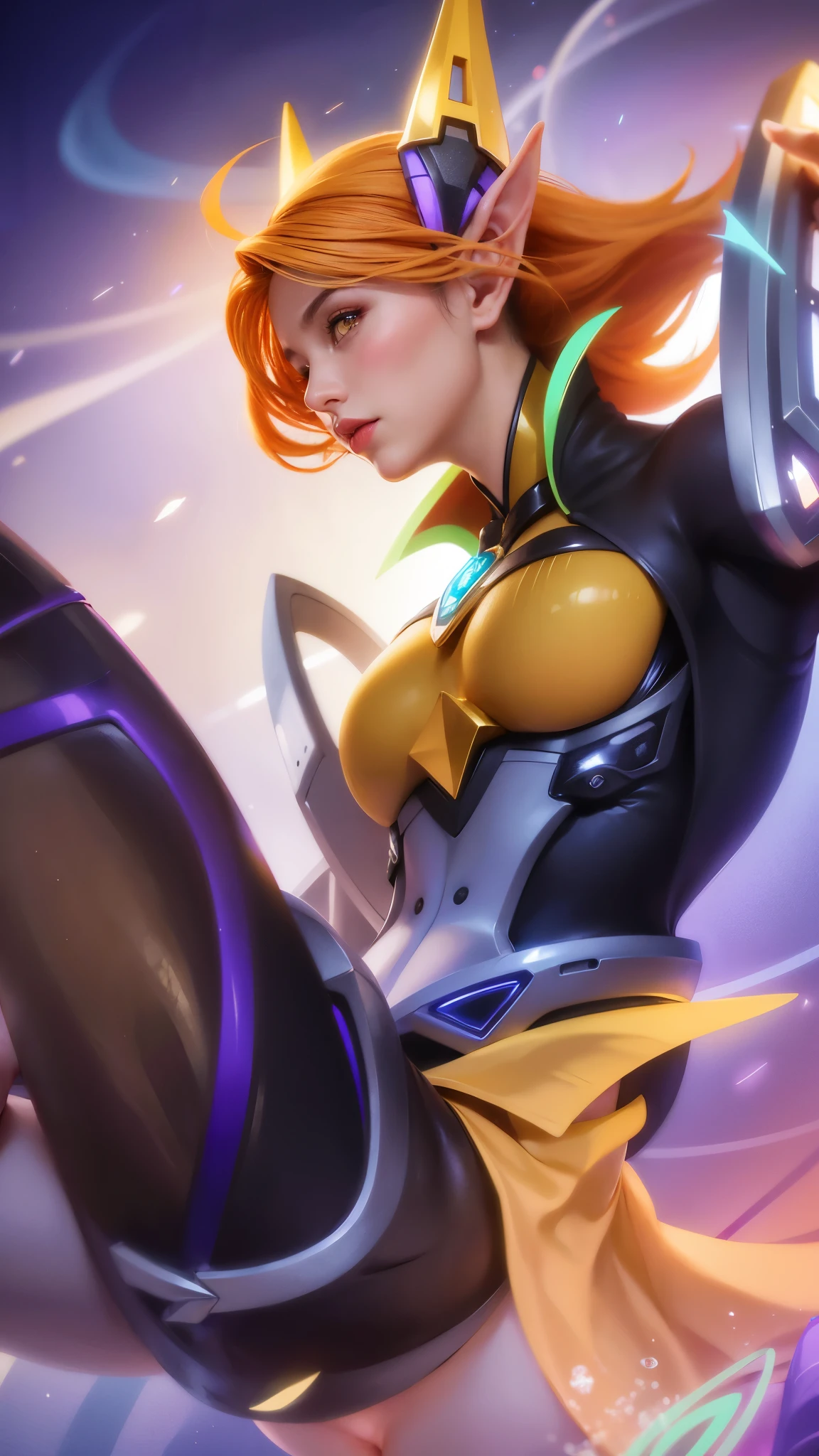 (female:1.2), 8k, ultra hd, ultra detailed texture, hyper realistic, masterpiece, detailed texture, detailed face, detailed skin, detailed lighting, (photorealistic:1.5), best quality, beautiful lighting, cinematic lighting, professional lighting, ultra highres, realistic, detailed hair, real hair, high quality, (realskin:1.5), extremely detailed, finely detail, ultra-detailed, 1girl, solo, elf, pointy ears, headgear, floating, (yellow eyes:1.5), lips, parted lips, white skin, nose, pretty, beautiful, make up, short hair, orange hair, large breasts, thigh, ass, pauldrons, gloves, bodysuit, Long sleeve, high collar, armor shoulder, eudora \(mobile legends\), from behind, depth of field, looking aways, projectile, aurora, galaxy, skin tight, amazing pose, glowing,  blurry background, elf ear