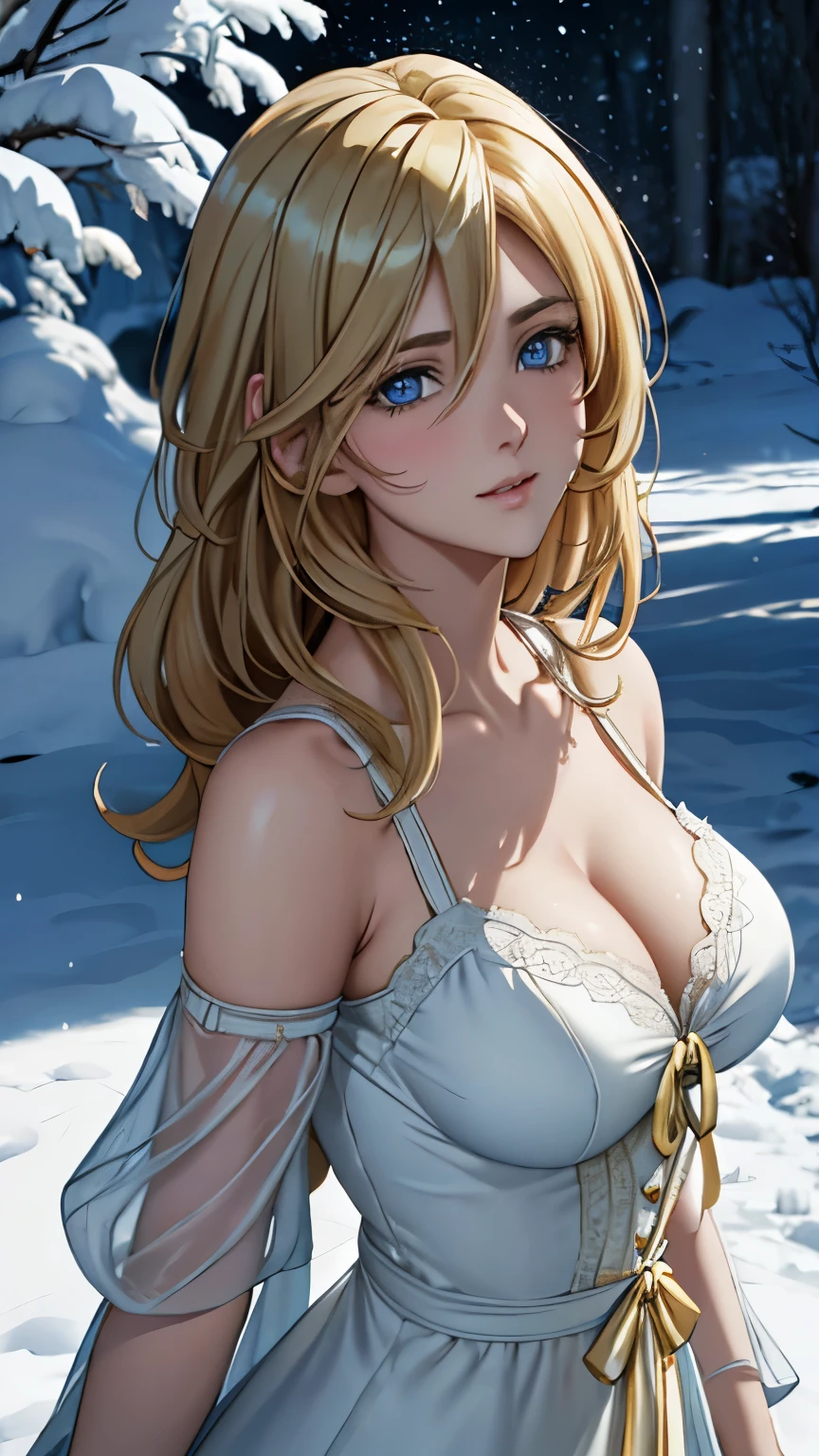 blue eyes, (highest quality, masterpiece painting:1.3), immature woman, , (half body shot), masterpiece, ultra high resolution, (Photoreal:1.0), gold hair, straight hair, beautiful shining hair, white and shining skin, ((Ultra realistic details)), octane rendering, highly detailed face, (big breasts:0.8), ((Heart with both hands:1.0)), She wears stunning costumes inspired by Belle Époque style, flowing gold dress decorated with lace and ribbons, (clothing: gold belle époque dress with lace and ribbons),cleavage, perfect body, soft skin, anime face, perfect face, perfect eyes, looking at the viewer, smart, snow scene, ((snow falling)), ((fantastic night)), ((outdoors)), sharp focus, intricate details, professional artwork, (bright colors:1.1), bright colors, diffused lighting, digital blending, ultra-definition body, ultra detail hair, super detailed face, that&#39;It&#39;s trending on pixiv, top button open, Cute gaze, compensate, perfect lips, perfect compensate, Ultra-precision coating,  (light_smile:0.8), (Very embarrassed:1.2), blush your nose,