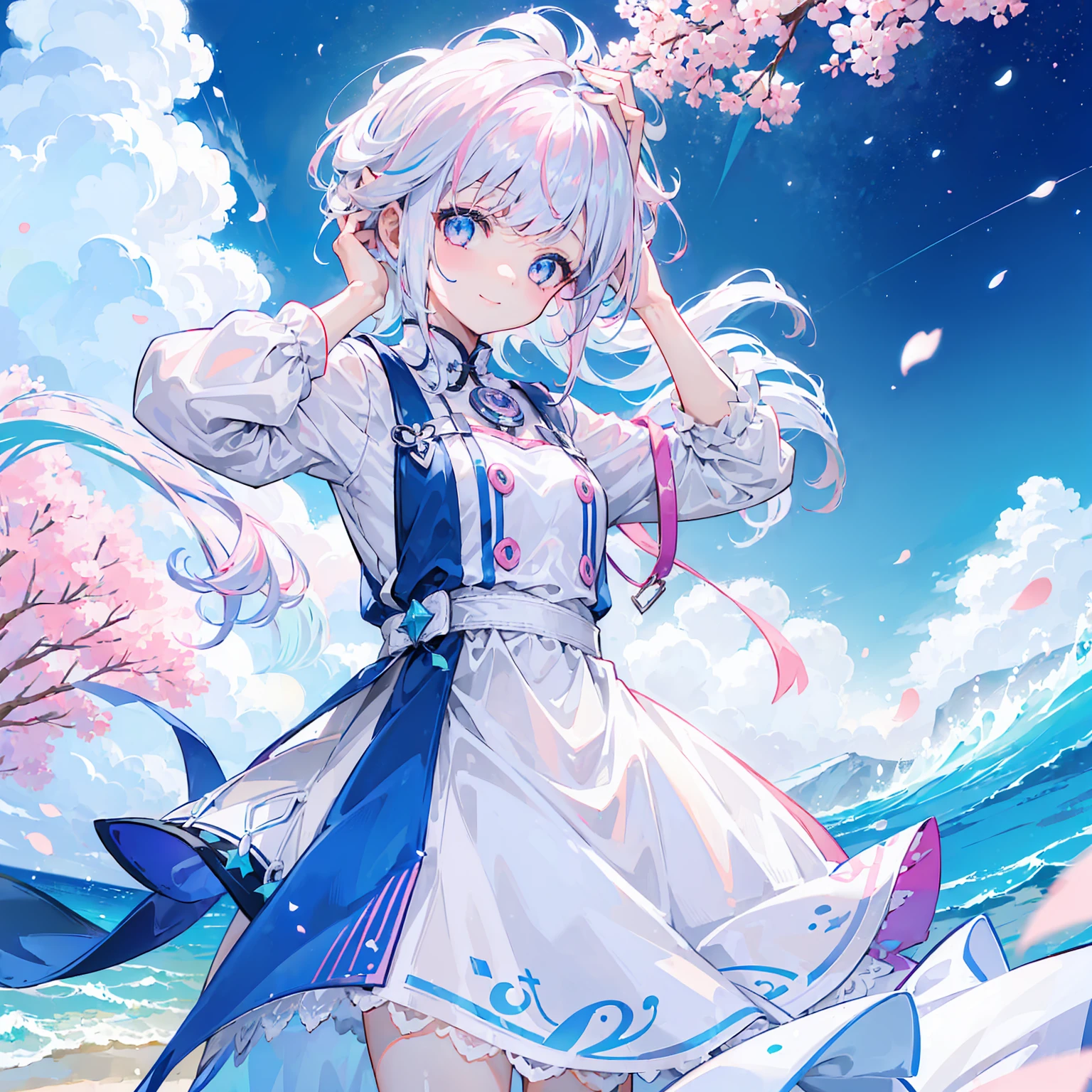 (((1 girl))), colorful white hair strokes, shiny hair、pink and light blue inner color、shortcut、(((((put your hand on your head)))))、Please show me your side、smile、lots of details, small breasts, under the starry sea、
