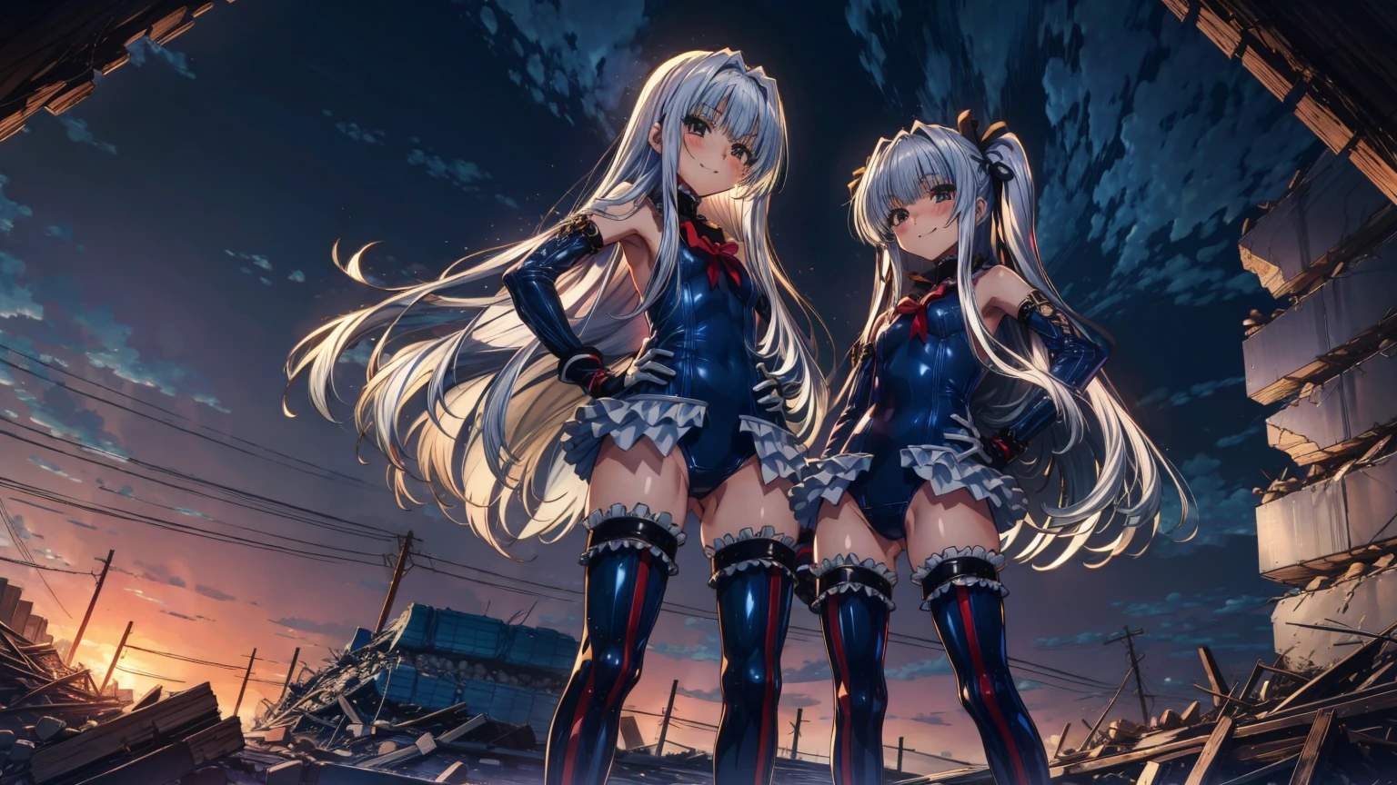 perfect anatomy, highest quality, rose,evil smile,provocative attitude
,(Girls greet dawn on top of a pile of rubble:1.1),evil smile,anime style,(ruffle swimsuit, Thighhighs, removed sleeve), (anime style:1.4) ,
silver hair,(white fingers:1.1,black gloves),very long hair,evil aura,(from below),put both hands on hips、 girls fallen in the background:1.4)
