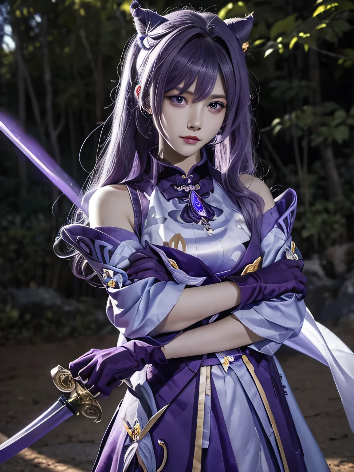 masterpiece, best quality, detailed, depth of field, Surreal, lifelike, realistic face and Eye, lifelike skin texture, Movie lighting, ulzzang-6500, Tyndall effect, sword, blank background, (Looking forward to the audience), Eye Looking forward to the audience.
1 girl, (frown, Keep your mouth shut), Keqing_\(Genshin_Influence\), purple_Eye, purple hair, Double tail, sharp Eye, serious face, Gloves, hands holding sword, lightning glowing sword, purple lightning,
Movie