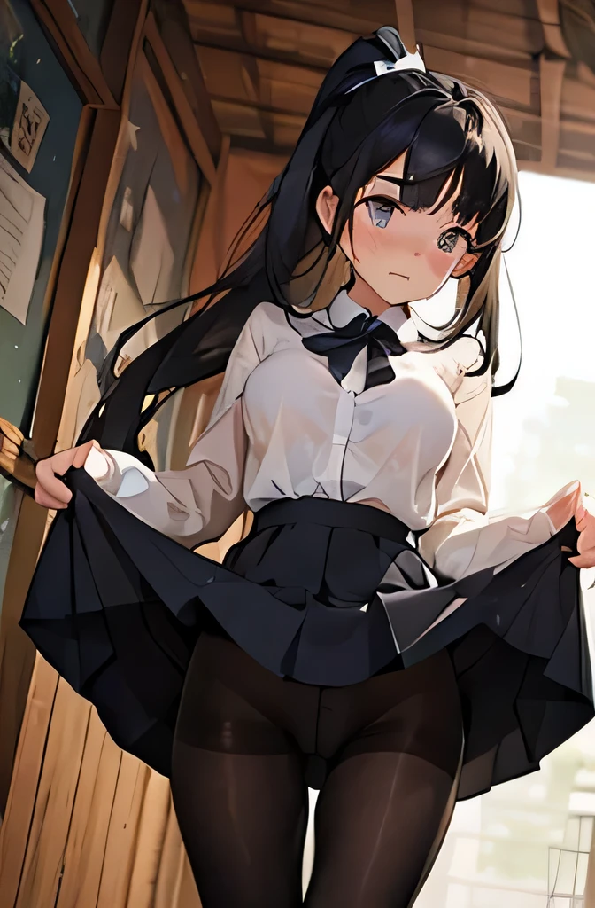 {masterpiece}、NSFW、1 female(thick thighs、(small breasts:1.5)、black hair mixed with blue、short ponytail、white ribbon、purple eyes、18-year-old、(Thin black pantyhose:1.6)、(Watery eye:1.8)、(navy blazer clothes 1.5)、long sleeve、close button、nipples are transparent)、{{{Vulgarity}}}、(cheeks flushed:1.6)、(embarrassed expression:1.8)、lots of books、view from below、open your legs、(upright:1.6)、evening、Backlight、(lift up the skirt:1.6)、No panties、vagina