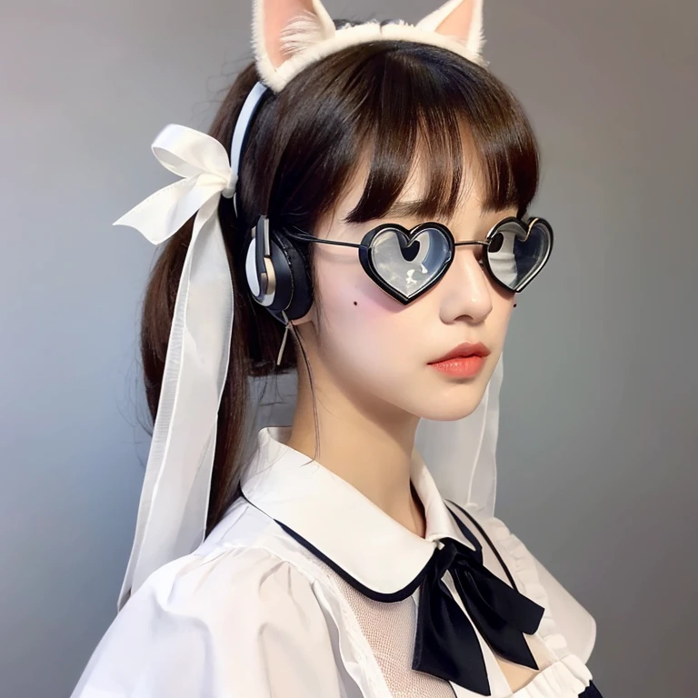 rainbow hair, ponytail, hair clip, hair ribbon, hair ribbon, maid headdress, goggles, mole under eye, heart-shaped pupil, cat ear headphones, boredom