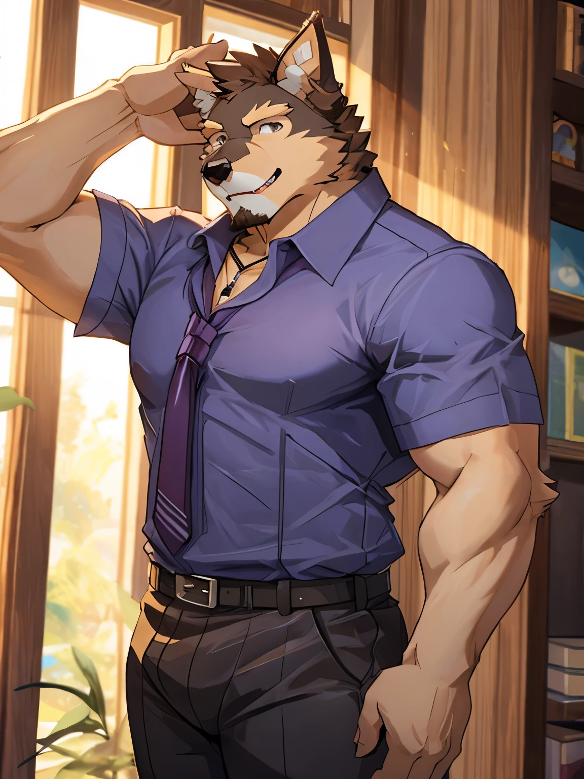 solo, pubraseer, furry german sheperd dog, muscular body, handsome, Smiling, mouth open, holding glassess, cool pose, casual shirt, casual pants.