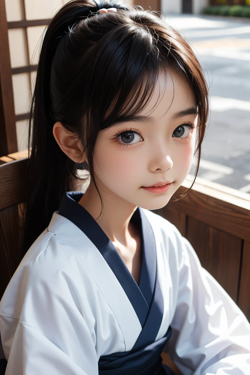 Beautiful 12 year old Japanese woman), cute face, (deeply carved face:0.7), (freckles:0.6), soft light,healthy white skin, shy, (serious face), thin, smile, japanese , ponytail